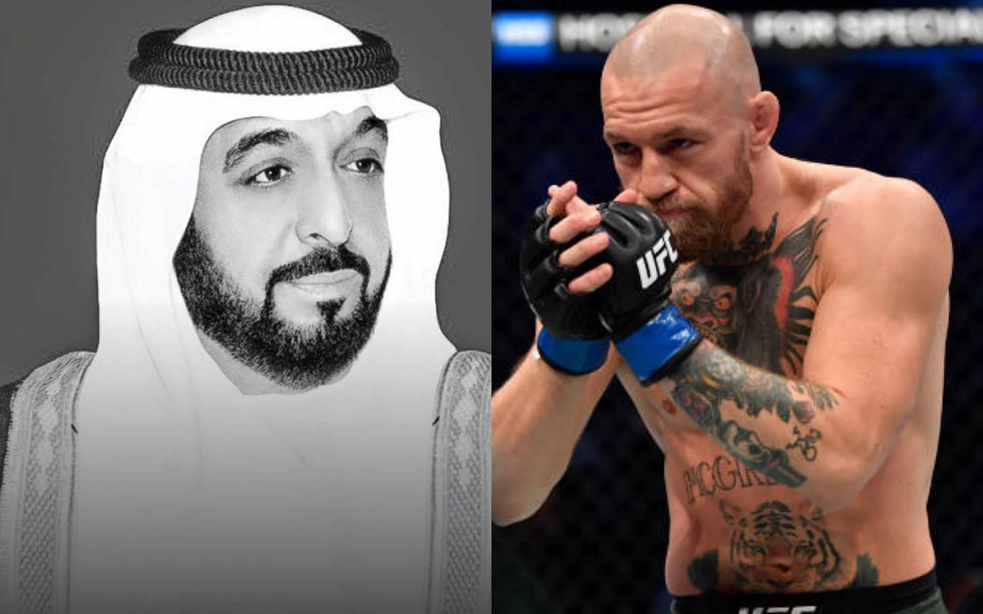 Sheikh Khalifa bin Zayed Al Nahyan (left) and Conor McGregor (right) [Left image courtesy @khaleejtimes via Twitter]