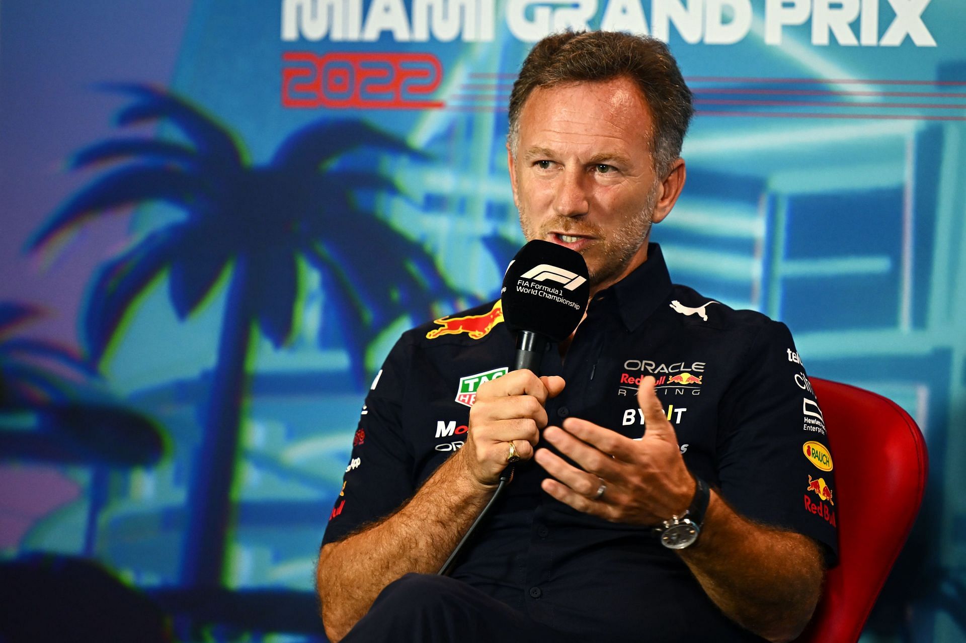 Red Bull Racing Team Principal Christian Horner talks in the Team Principals Press Conference prior to the 2022 Miami GP in Miami, Florida. (Photo by Clive Mason/Getty Images)