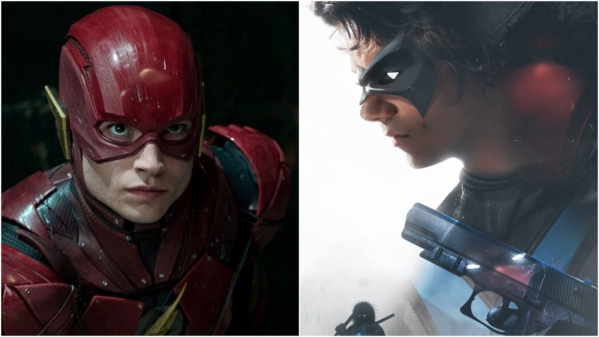 Ezra Miller in DC&#039;s Justice League and Dylan O&#039;Brien as Nightwing in fan art (Image via Warner Bros. Discovery and BossLogic/Twitter)