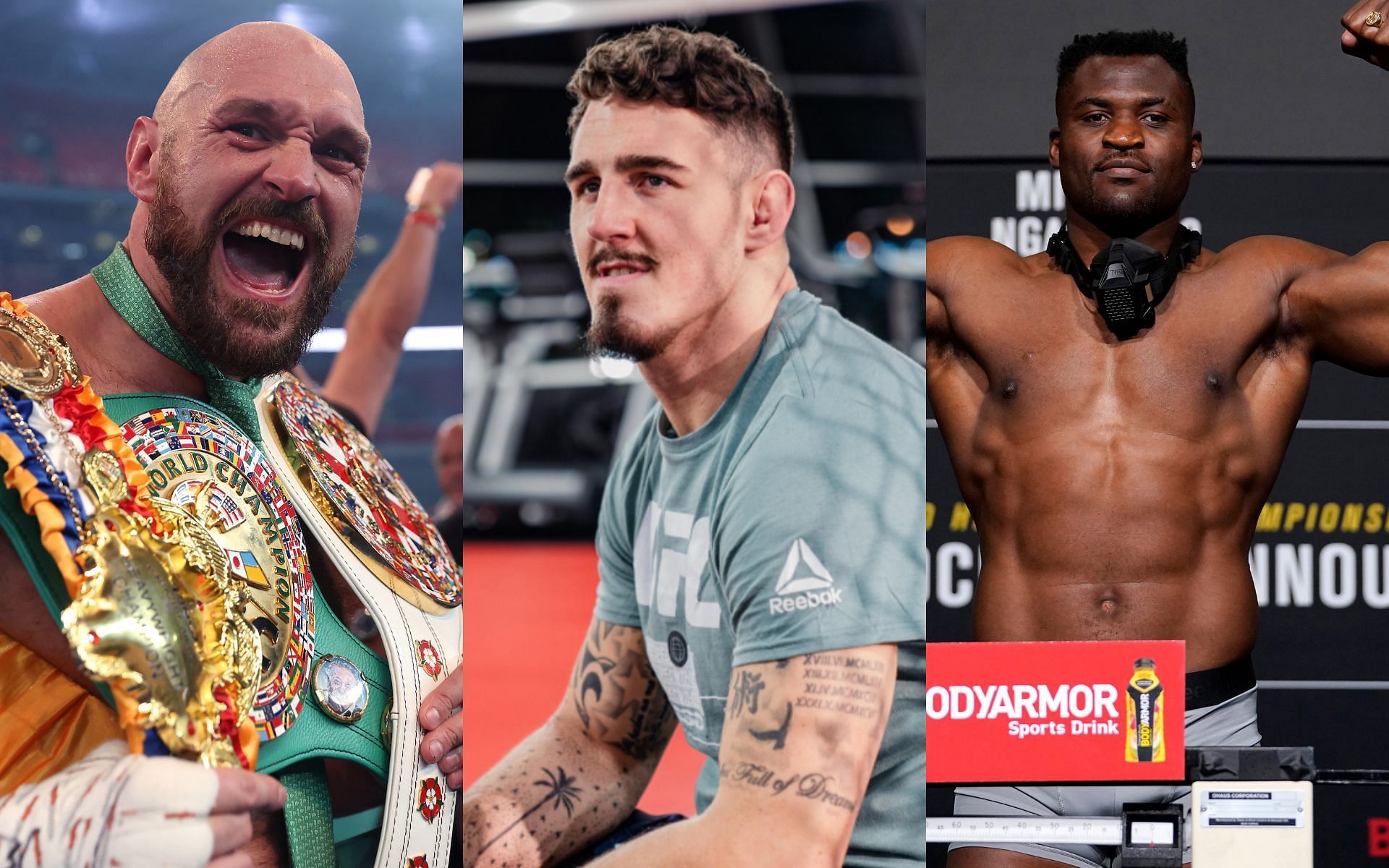 Tom Aspinall (center image courtesy of UFC.com); Tyson Fury and Francis Ngannou (left and right, images courtesy of Getty)