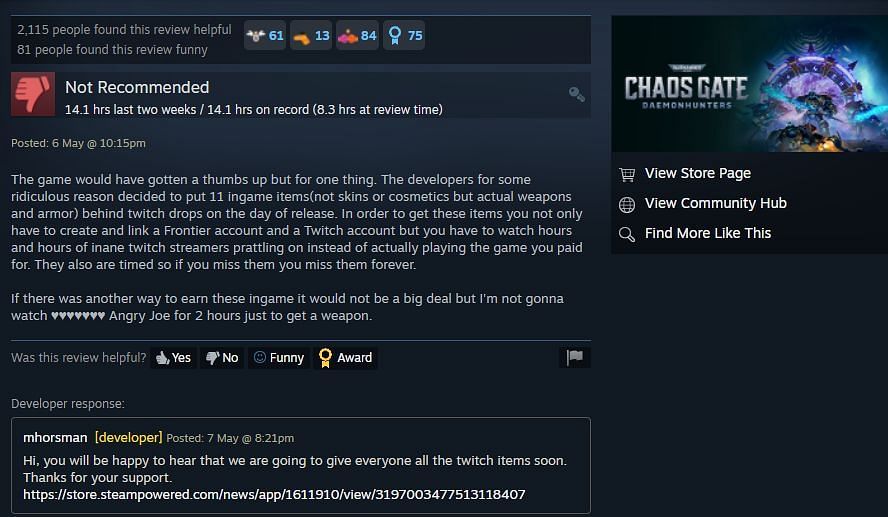 Image of a player&#039;s review angered at the decision taken by the developers (Image via Steam)