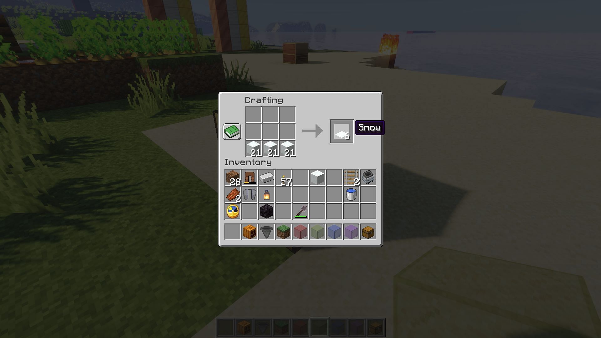 A player crafting layers of snow (Image via Minecraft)