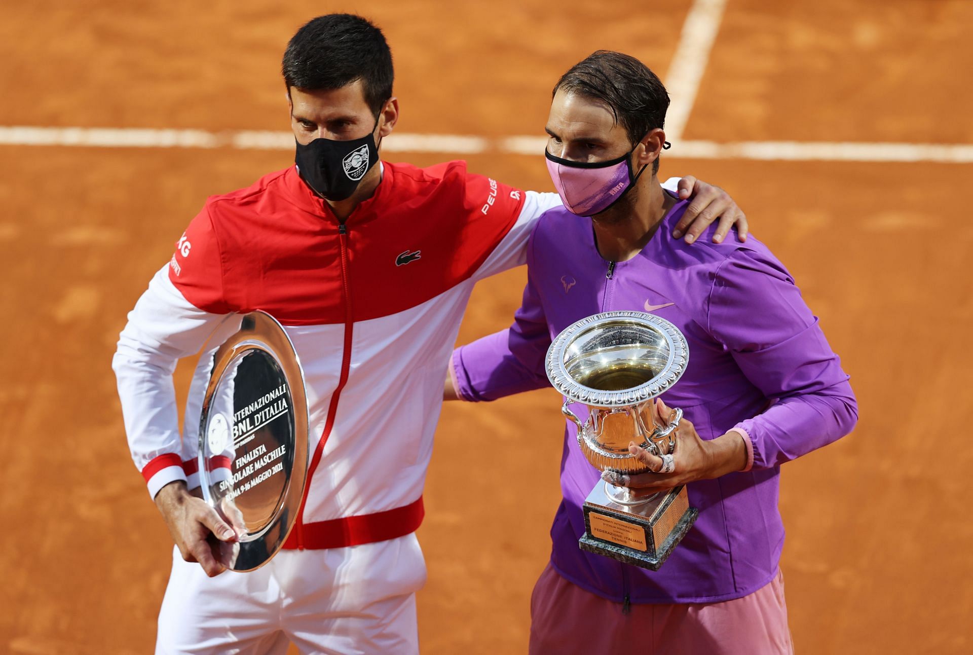 Novak Djokovic (L) &amp; Rafael Nadal after the Rome Masters final in 2021
