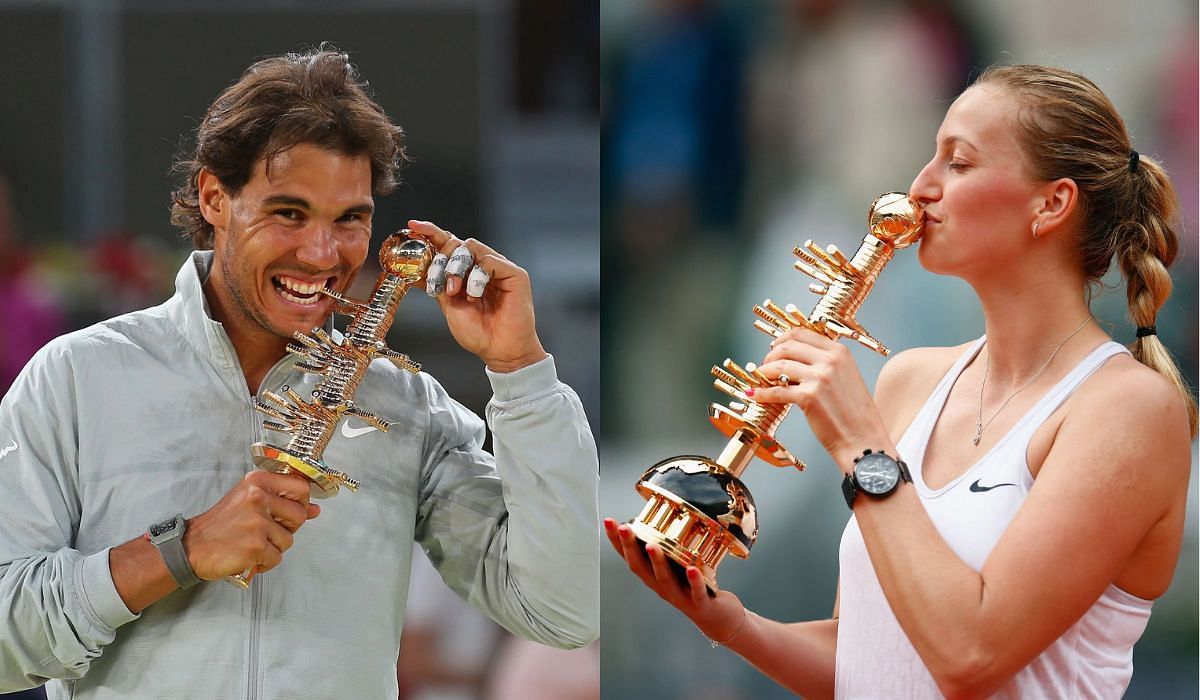 Nadal and Kvitova with the &quot;stairway to heaven&quot; trophies.