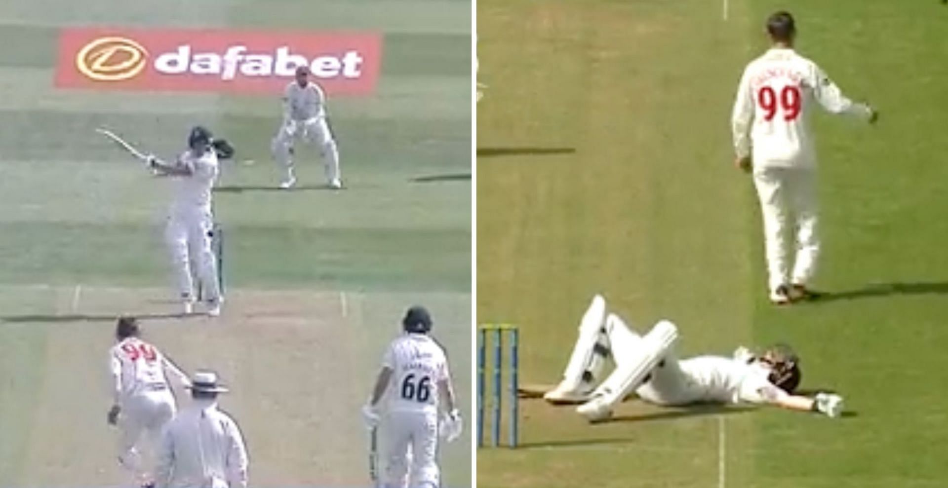 Ben Stokes floored after getting hit on the box (Credit: Twitter)