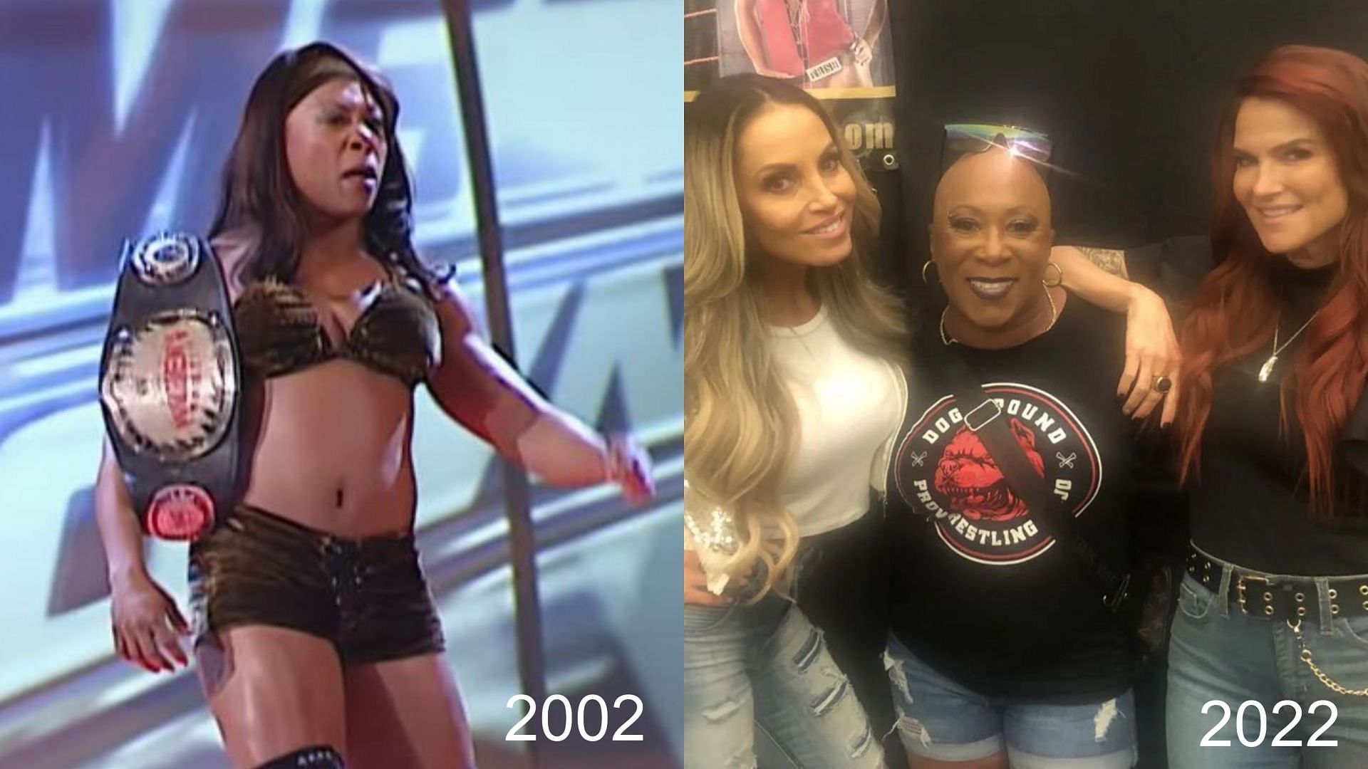 Jazz in 2002 (left) and Jazz with Trish Stratus and Lita in 2022 (right)