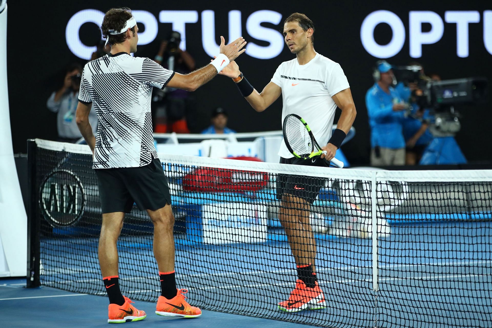 Roger Federer and Rafael Nadal shake hands after the 2017 Australian Open final