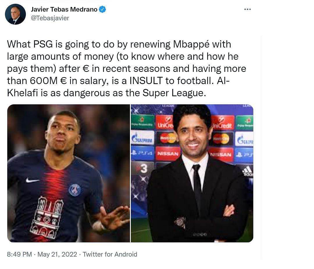 स्पेन की घरेलू फुटबॉल लीग ला लीगा के प्रेसिडेंट ने इस घटनाक्रम पर PSG के खिलाफ ट्वीट किया है।