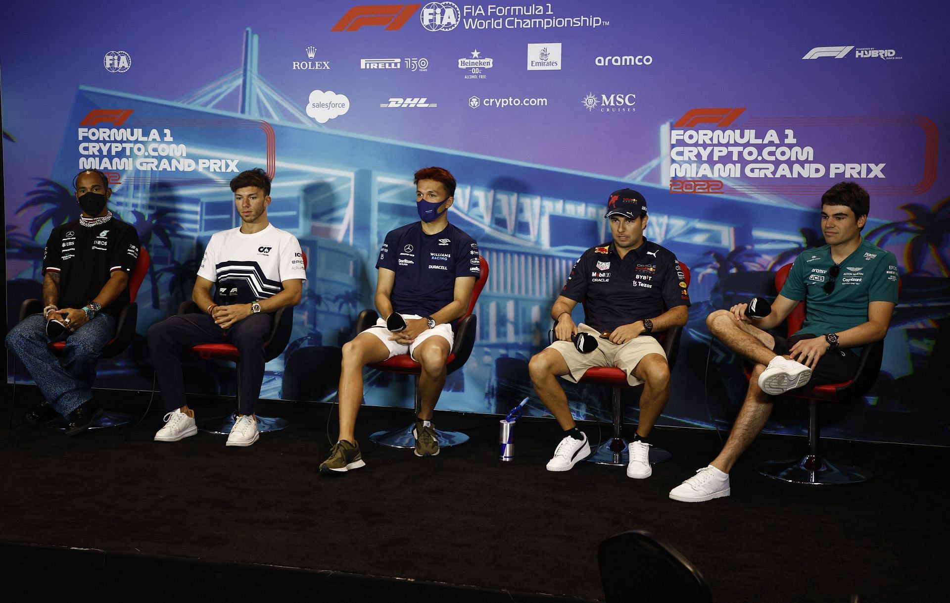 F1 drivers field questions from the media during their pre-practice interviews at the 2022 F1 Miami GP (Photo by Jared C. Tilton/Getty Images)