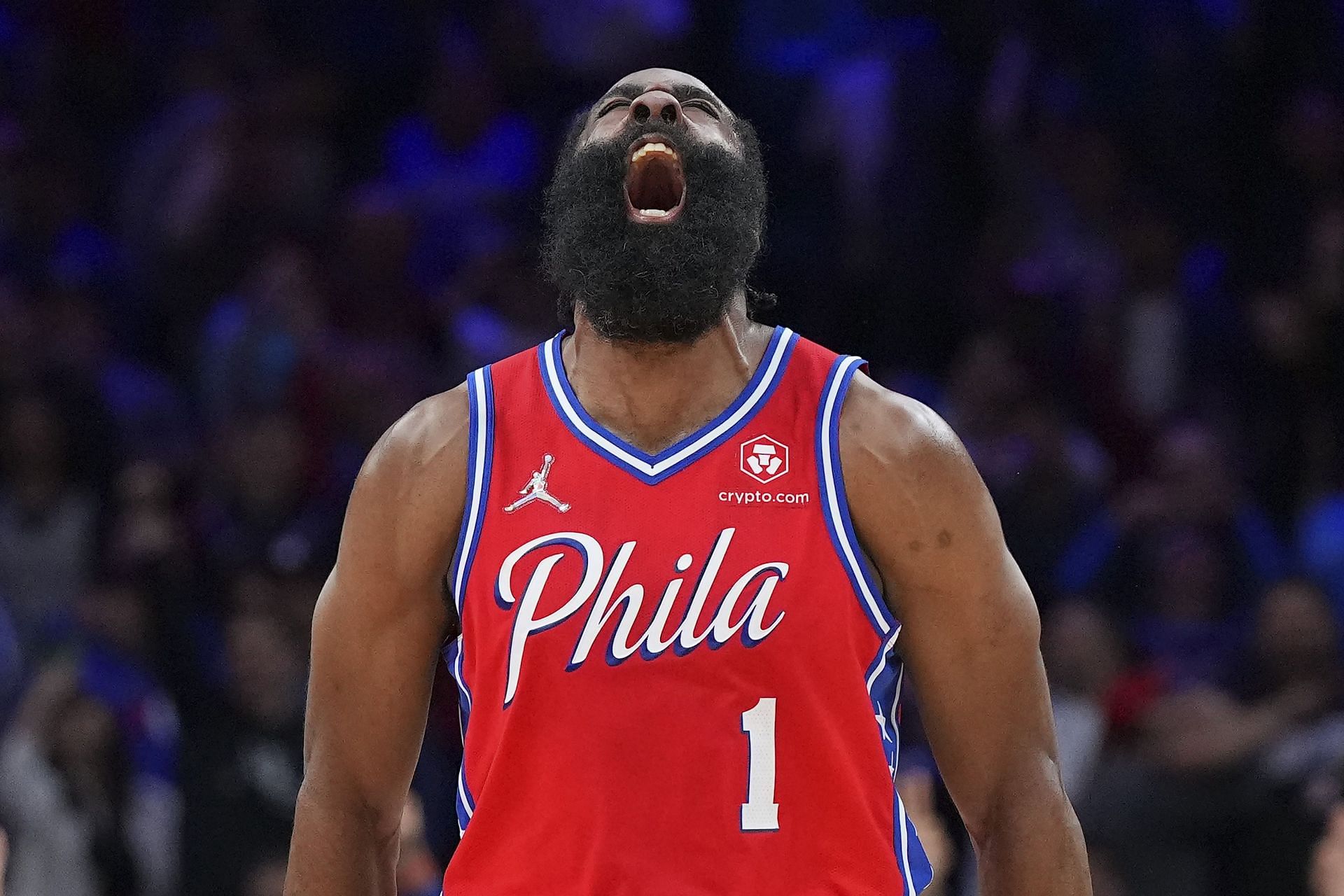 James Harden #1 of the Philadelphia 76ers reacts against the Miami Heat in the second half during Game Four of the 2022 NBA Playoffs Eastern Conference Semifinals at the Wells Fargo Center on May 8, 2022 in Philadelphia, Pennsylvania.