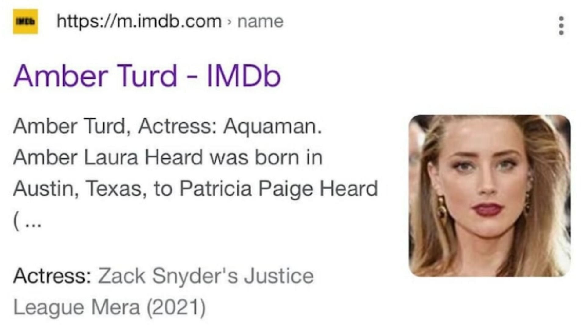 Amber Heard&#039;s name was changed on IMDb by unidentified hackers (Image via Google)