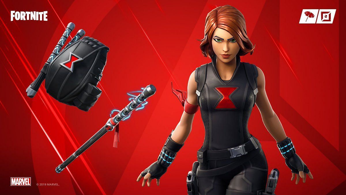 Black Widow set including the Widow&#039;s Bite Pickaxe (Image via Epic Games)