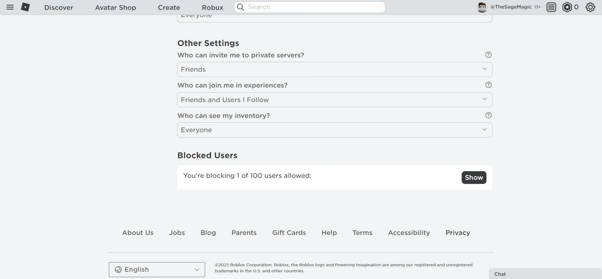 The blocked user&#039;s list (Image via Roblox)