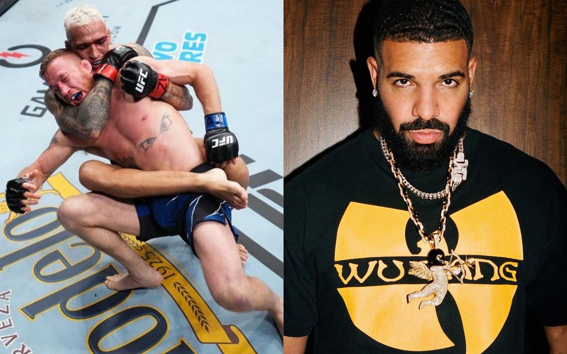 Charles Oliveira and Justin Gaethje (left), Drake (right) [Image courtesy: @ufc and @champagnepapi via Instagram]