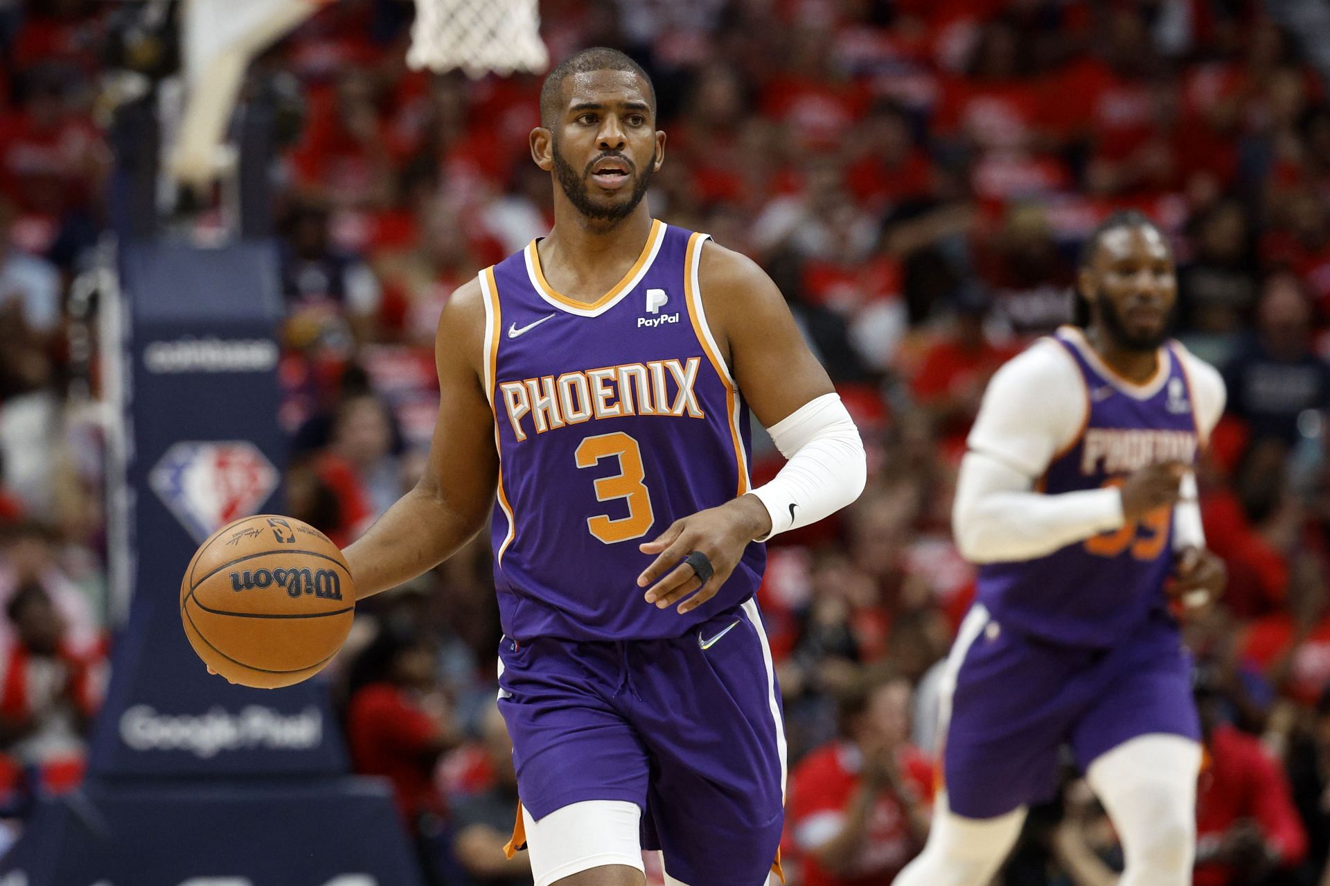 Chris Paul of the Phoenix Suns dribbles against the New Orleans Pelicans on April 28 in New Orleans.