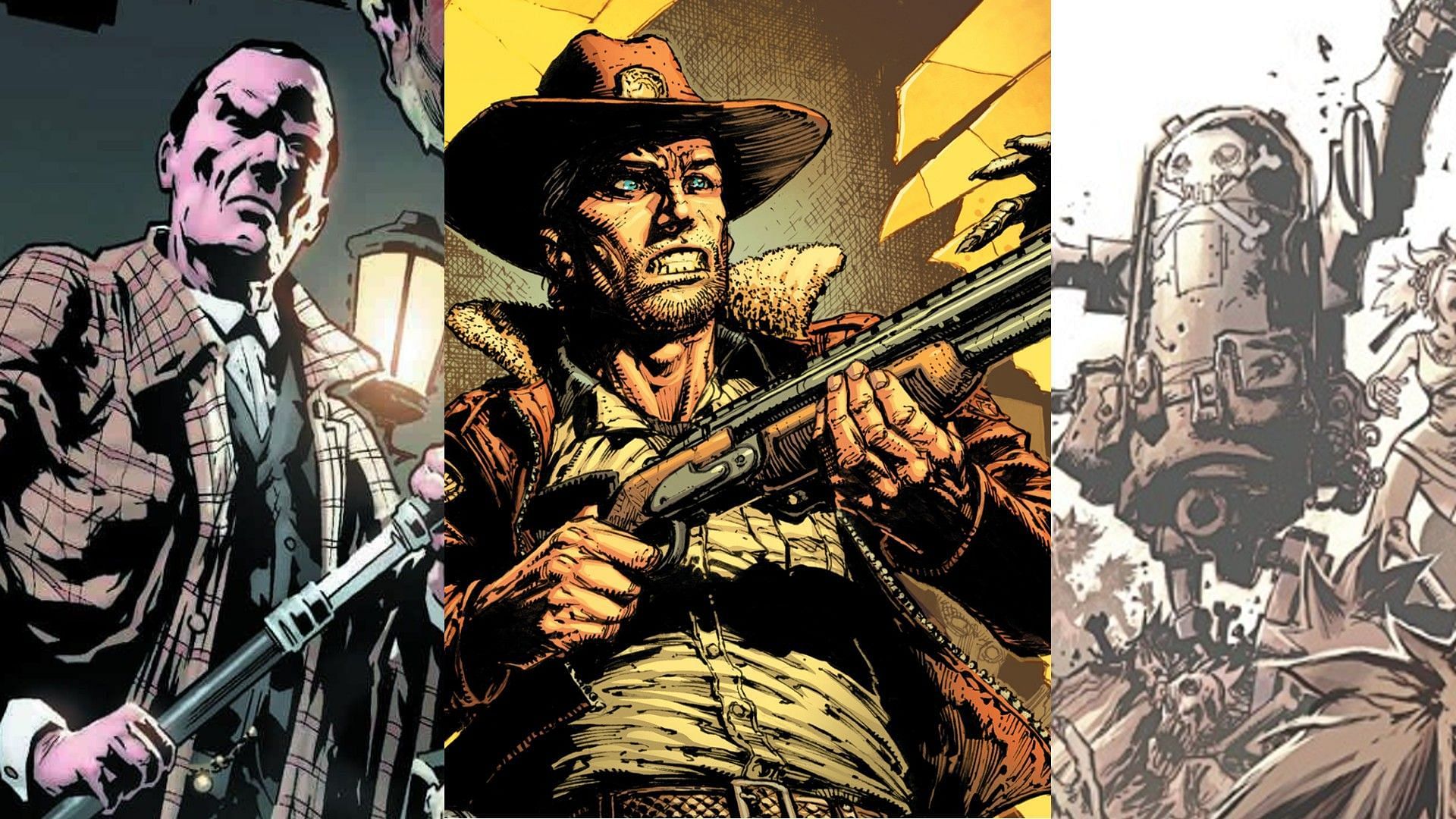 Sherlock Holmes, Rick Grimes, and a robot (Images via DC, Image, and IDW Comics)