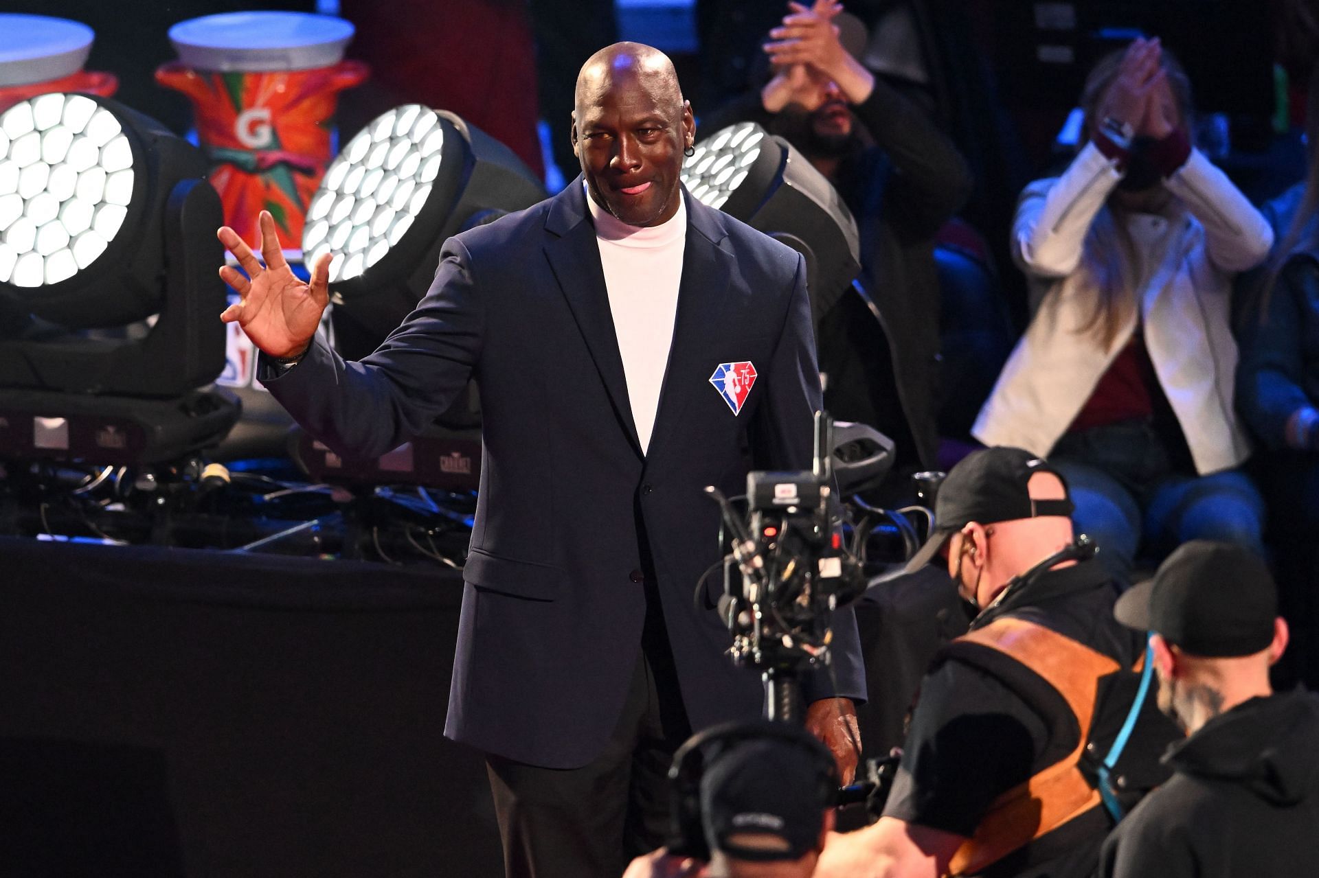 2022 NBA All-Star Game; Michael Jordan poses as he is inducted to the NBA 75.