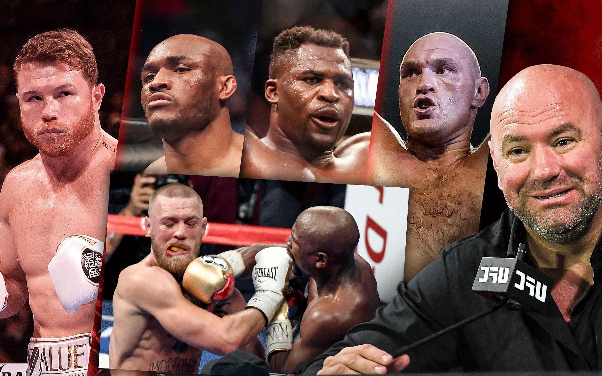 Conor McGregor vs. Floyd Mayweather (Center), (L to R) Canelo Alvarez, Kamaru Usman, Francis Ngannou, Tyson Fury and Dana White