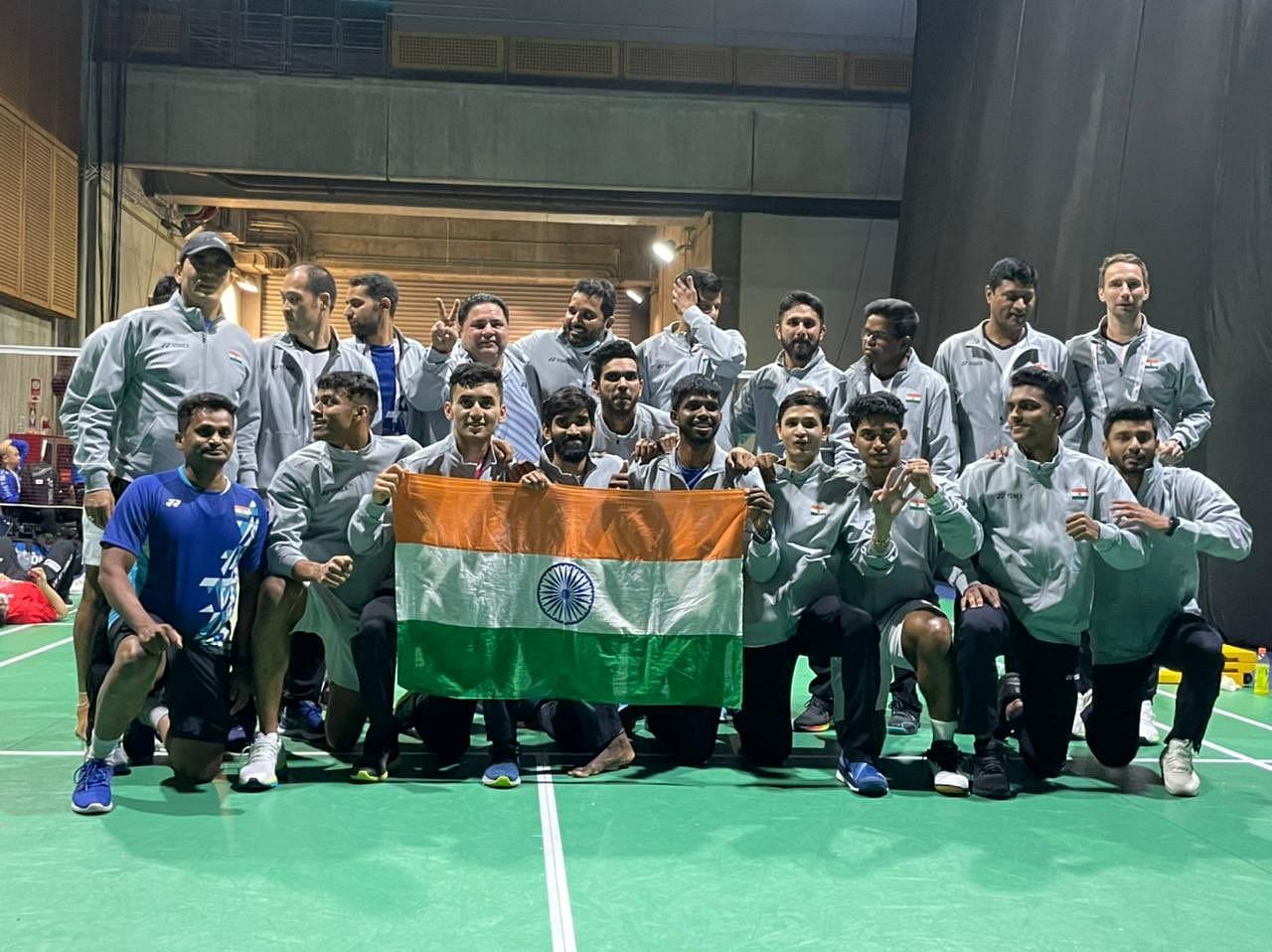 The Indian men&#039;s badminton team at the Thomas Cup. (PC: Mathias Boe/Twitter)