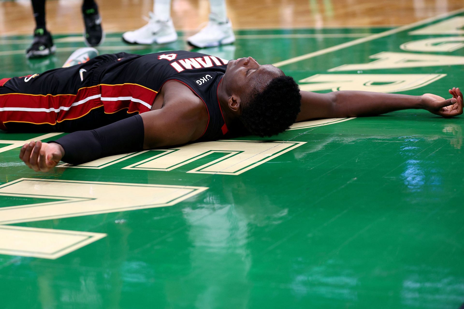 Victor Oladipo lays on the floor after a play.