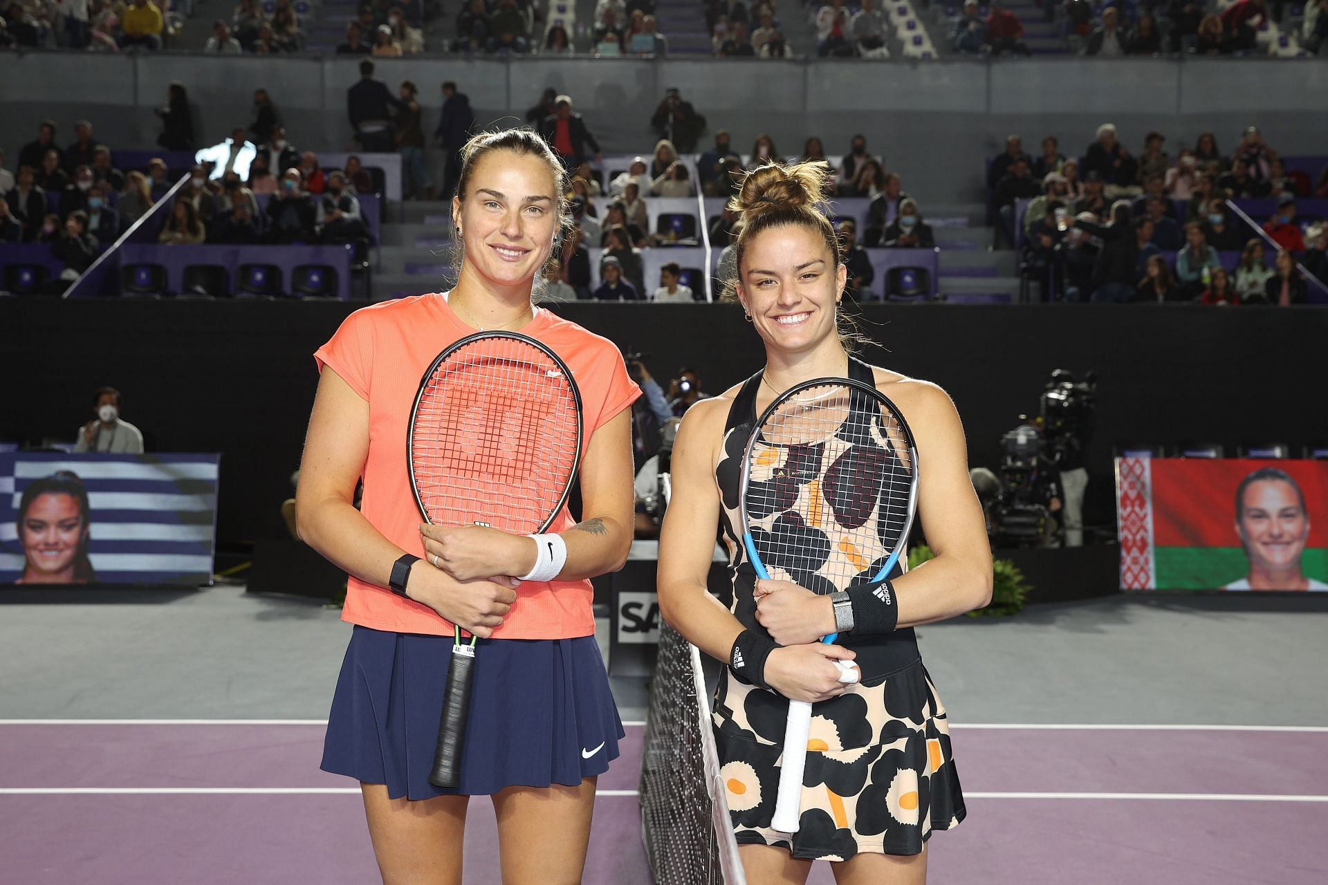 Aryna Sabalenka (L) and Maria Sakkari at the 2021 WTA Finals.