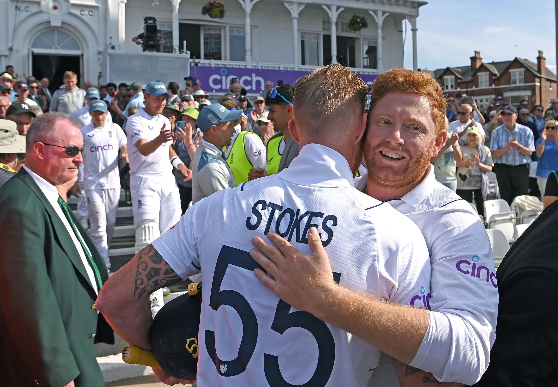 England batsman Jonny Bairstow congratulates captain Ben Stokes after the Trent Bridge Test. Pic: Getty Images