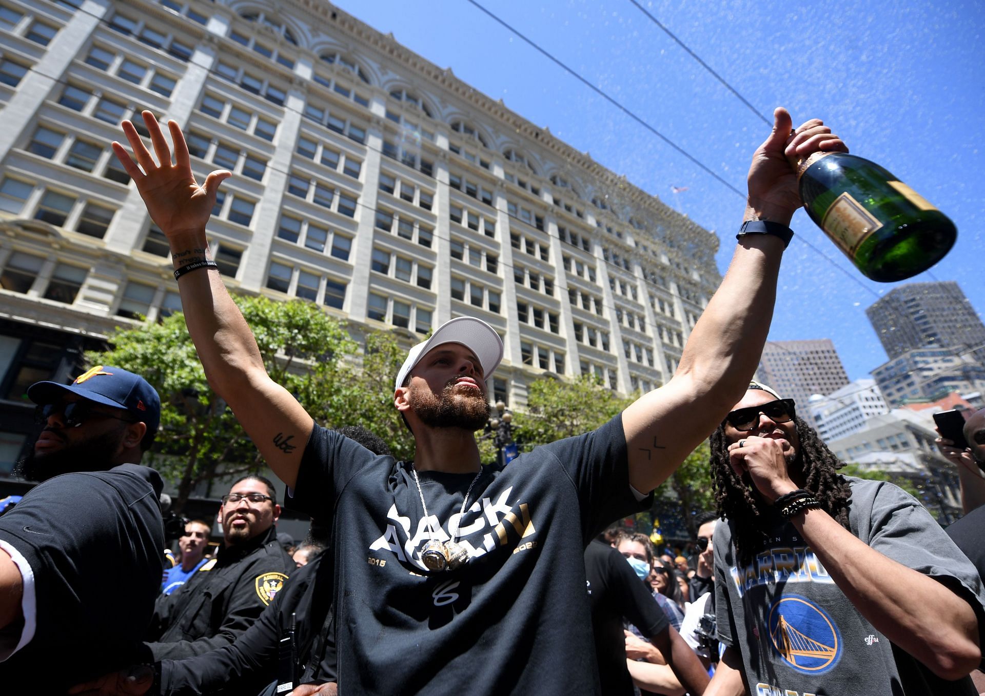 Stephen Curry of the Golden State Warriors celebrates during a victory parade on Monday in San Francisco, California.