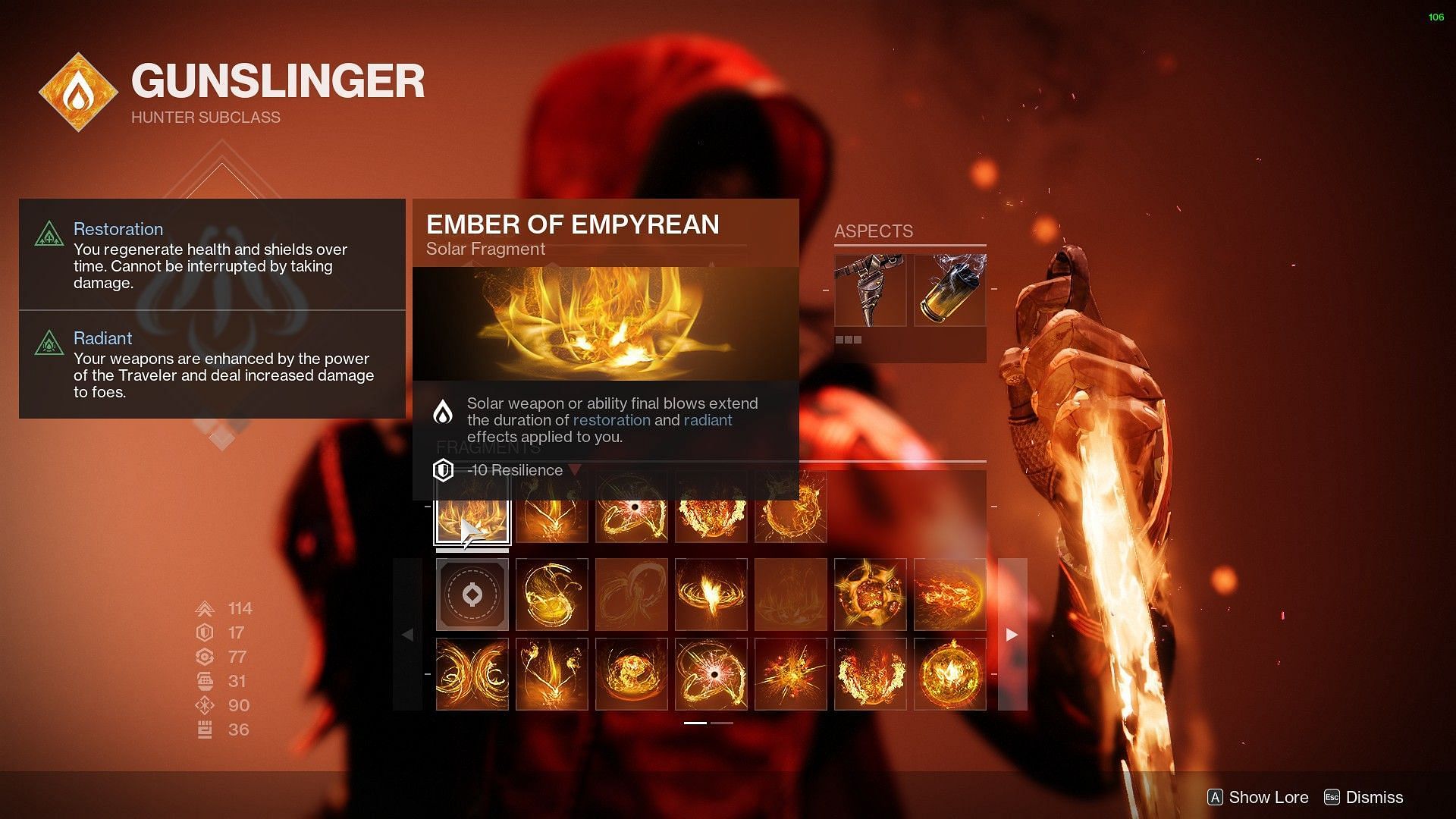 Ember of Empyrean Fragment equipped with the Solar subclass (Image via Destiny 2)