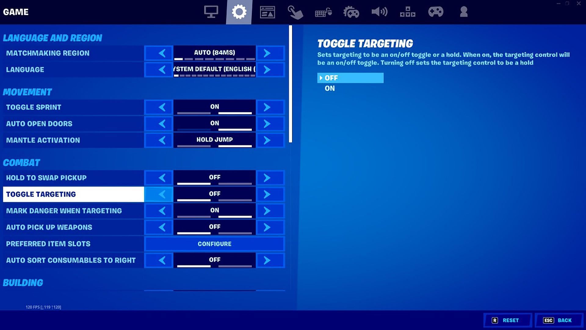 How to enable/disable Toggle Targeting (Image via Epic Games)