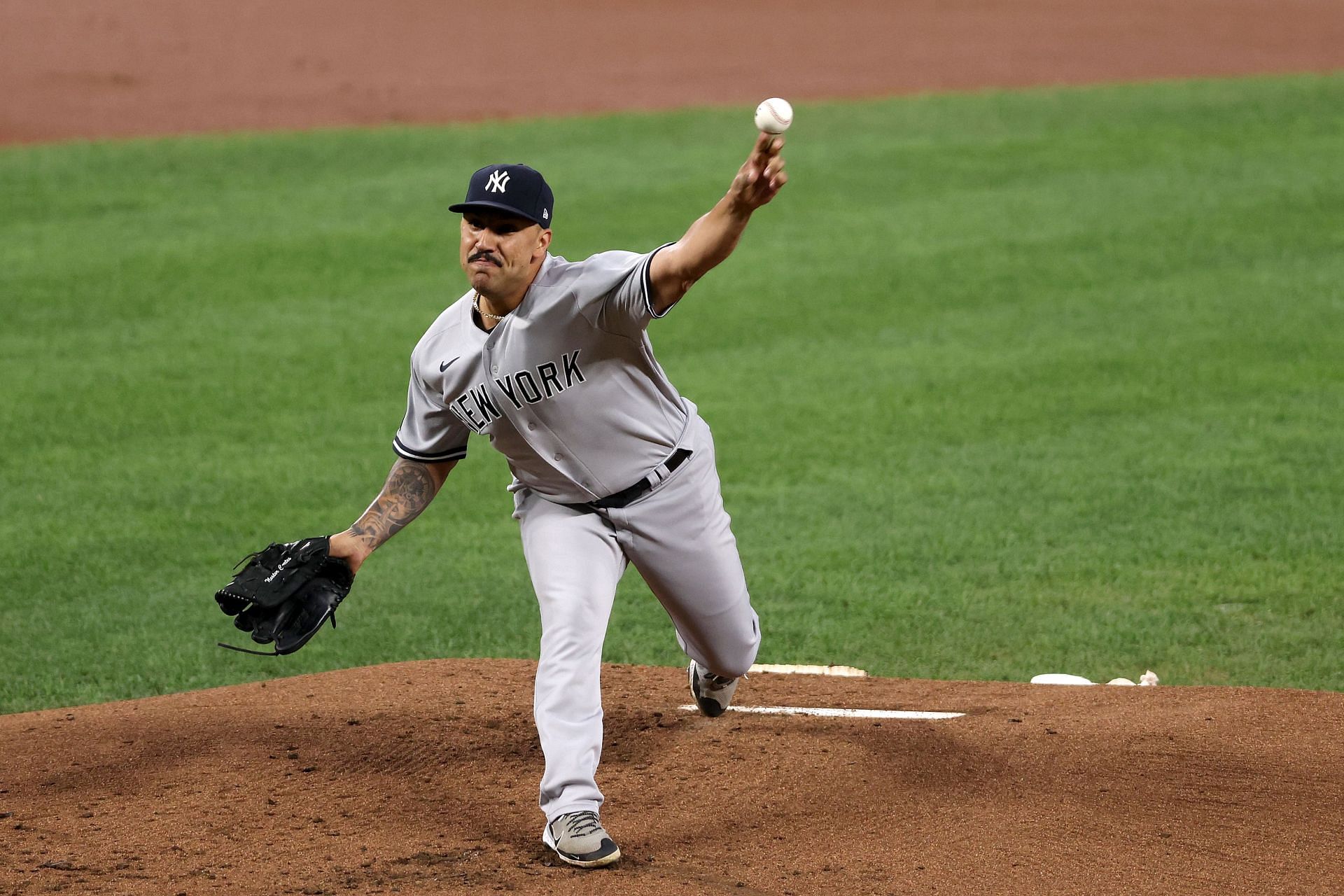 Nestor Cortes pitches for the New York Yankees against the Baltimore Orioles.
