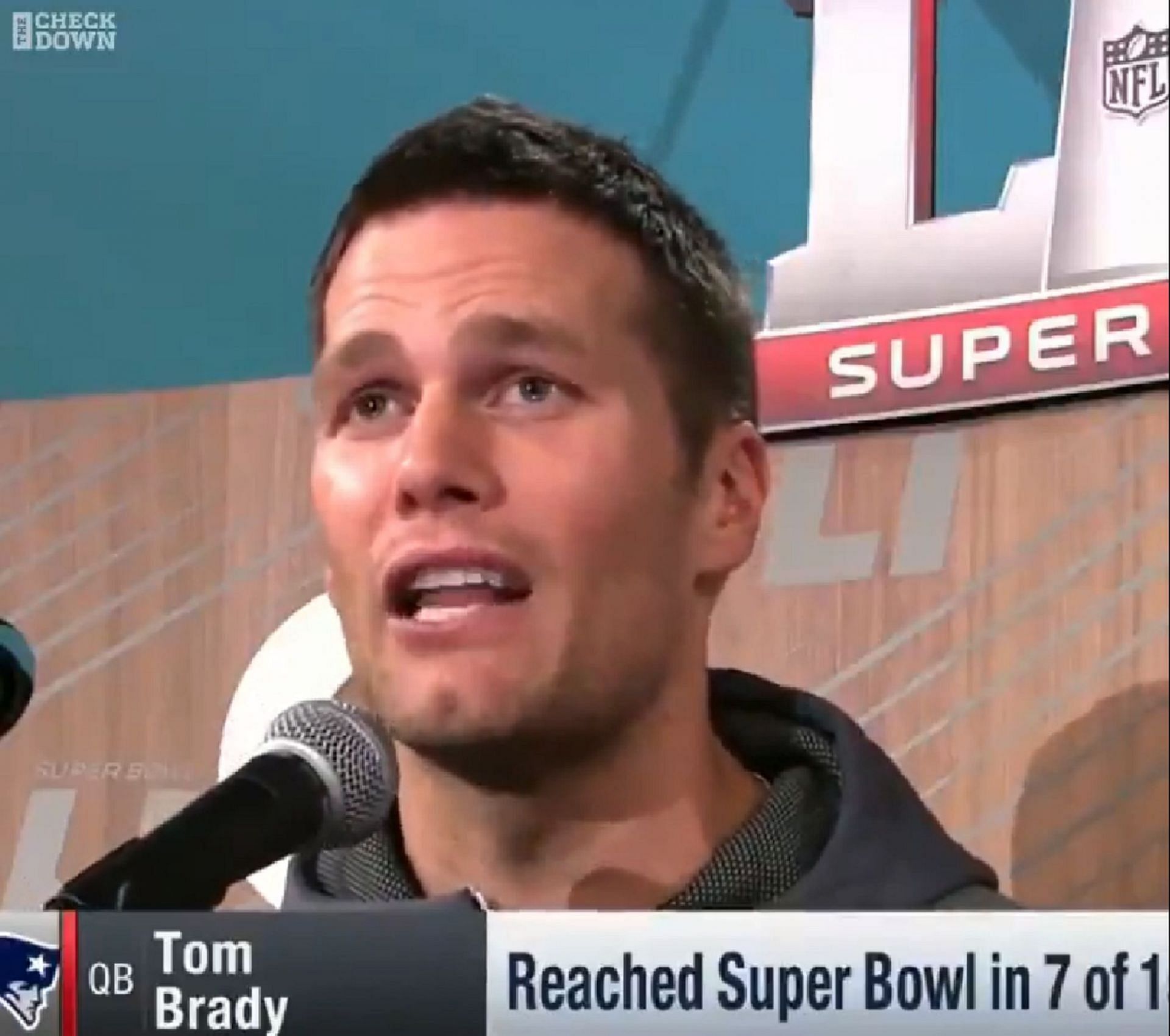 Tom Brady at Super Bowl media week 2017 Credit: Bleacher Report and @itskylecovers on Twitter
