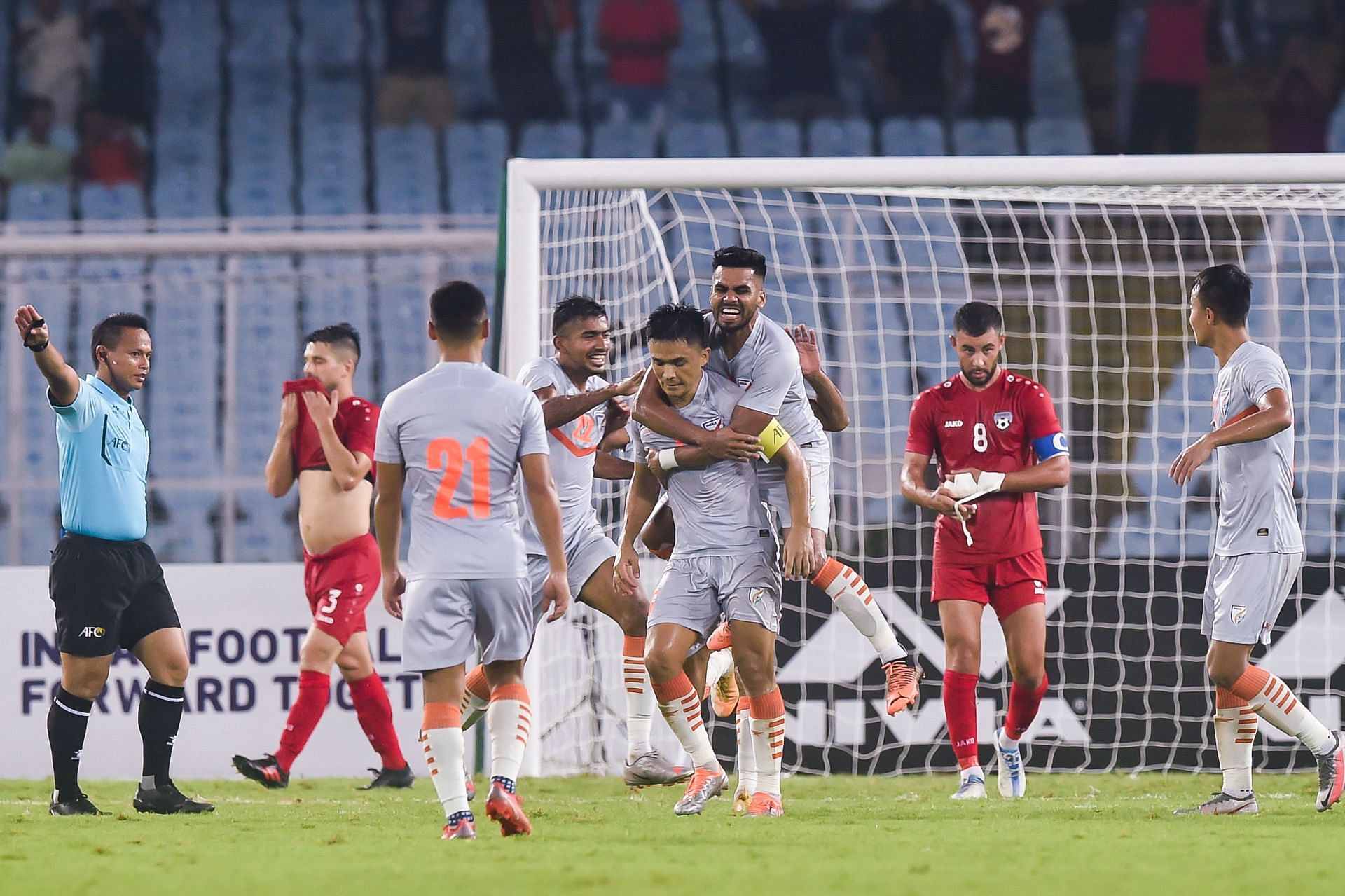 Indian national team players celebrate Sunil Chhetri&#039;s goal against Afghanistan in the AFC Asian Cup Qualifiers (Image Courtesy: AIFF Media)