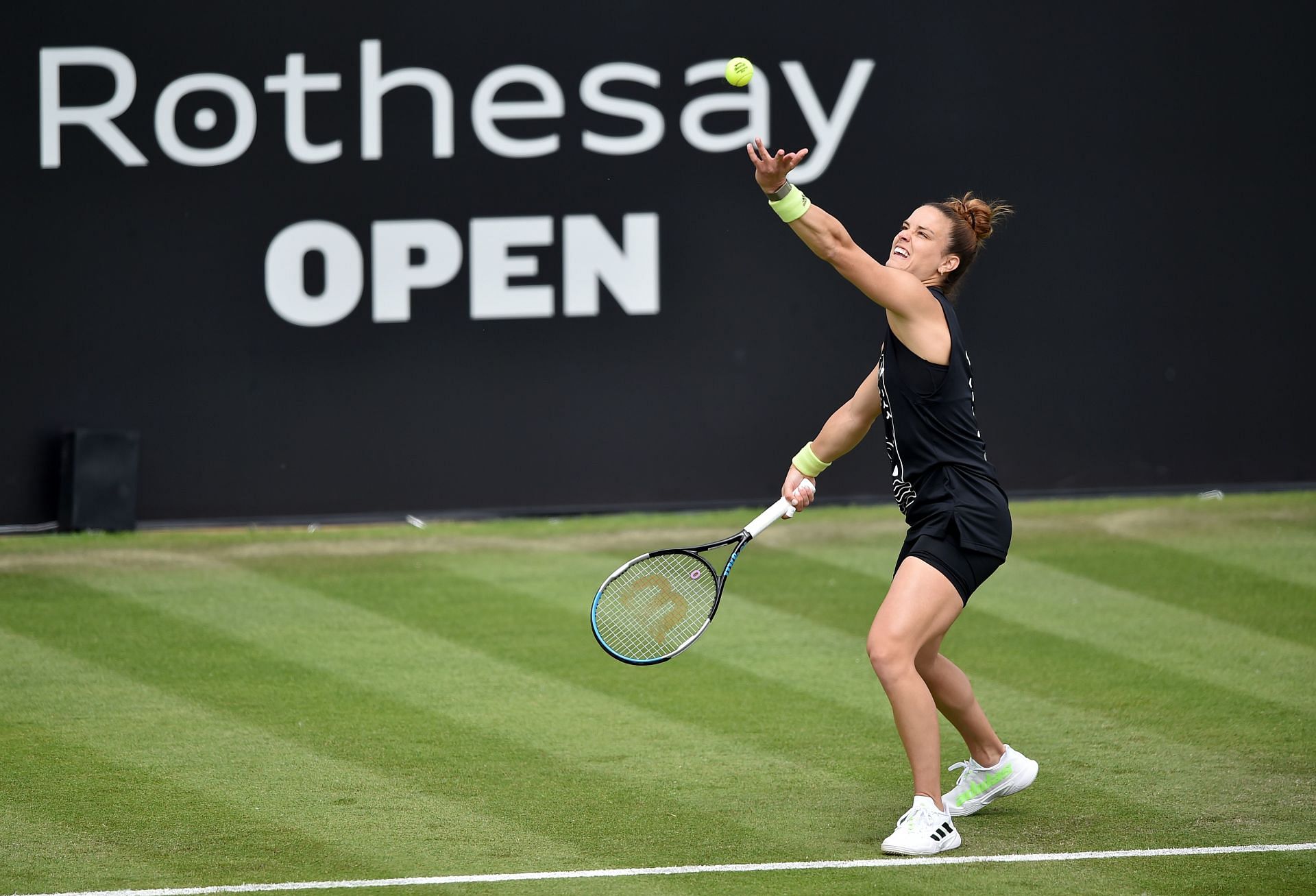 Sakkari serves during her first-round match at the Rothesay Open in Nottingham