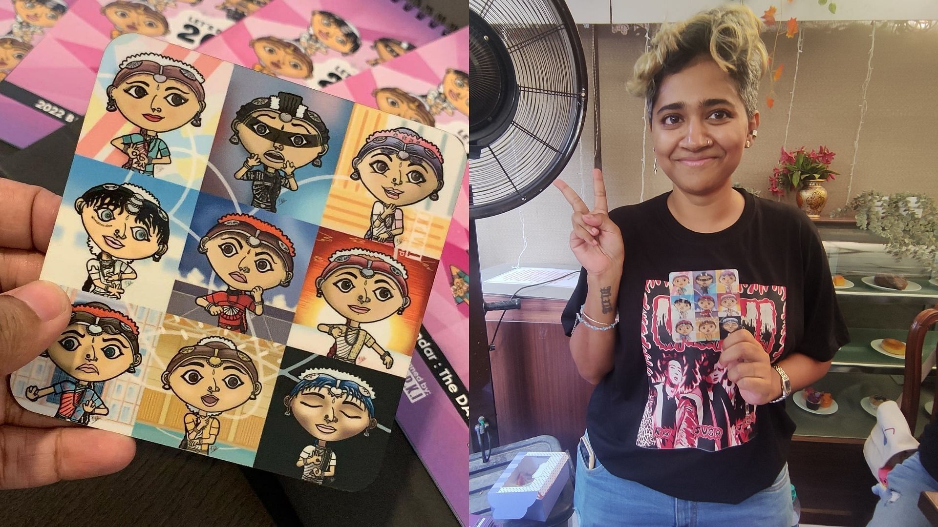 Left: The Bharatanatyam X BTS coasters; Right: Tina Dominic, the creator of the series (Image via @beingmrsninja))