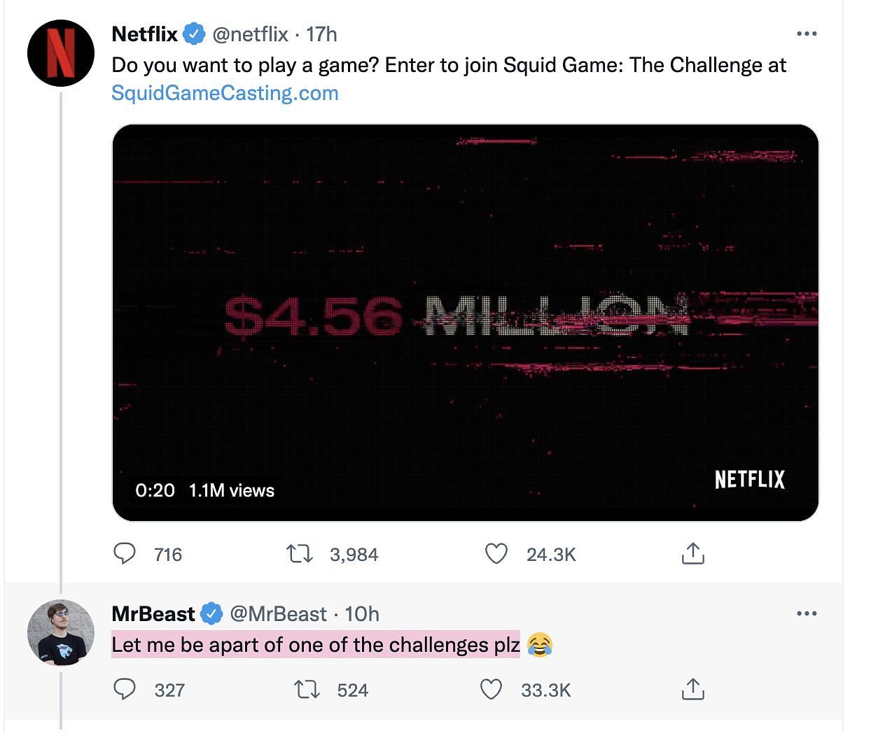 MrBeast comments on Netflix&#039;s post (Image via Twitter)
