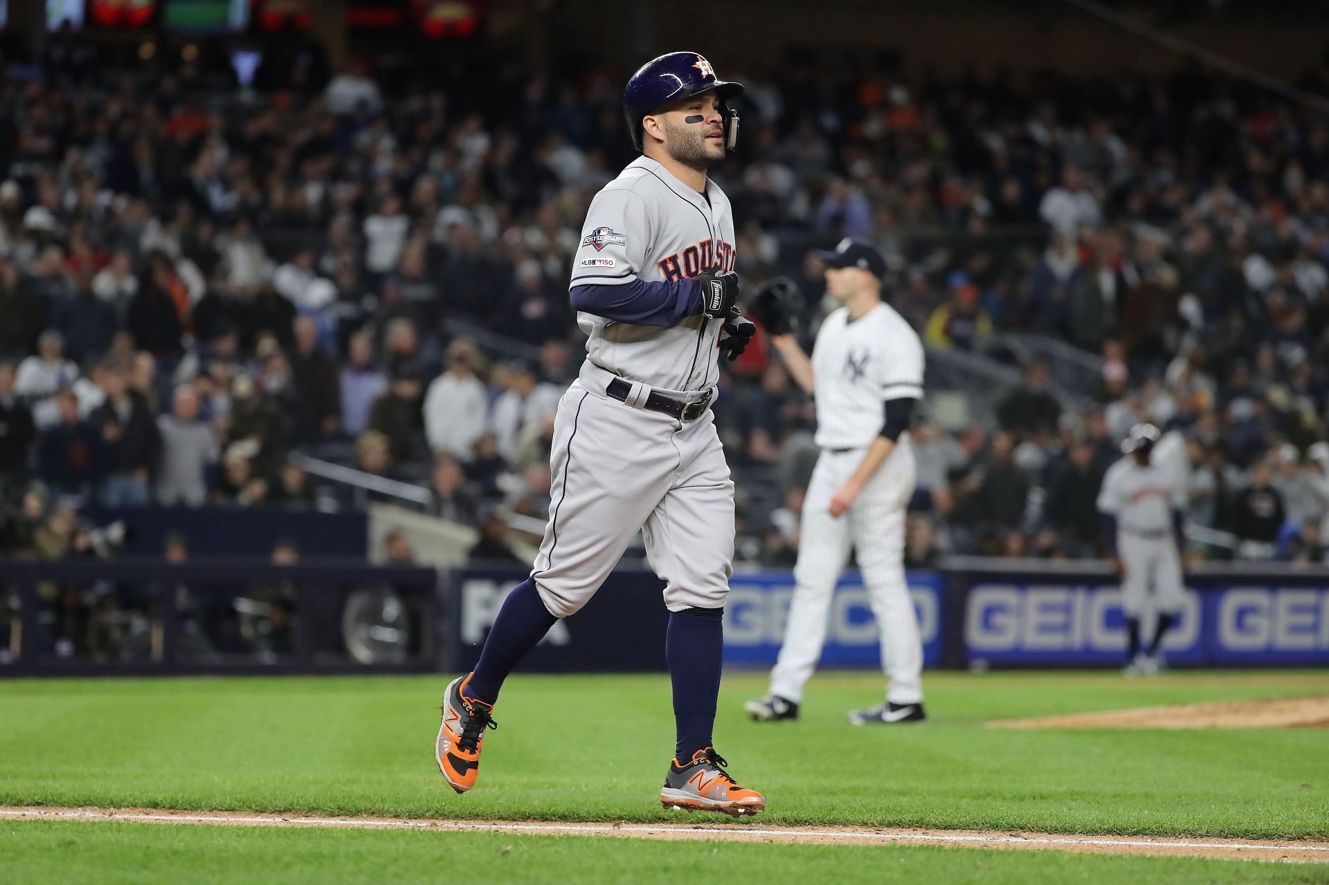 Jose Altuve walks to first base during the League Championship Series - Houston Astros v New York Yankees - Game Five.