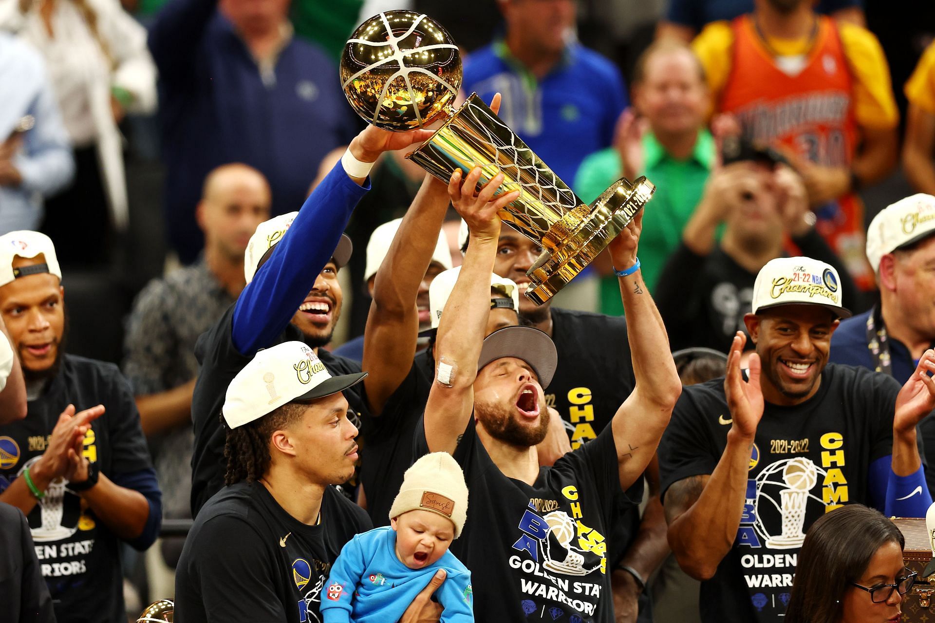 Golden State Warriors with the Larry O&#039;Brien Trophy after an emphatic win in Game Six of the NBA Finals