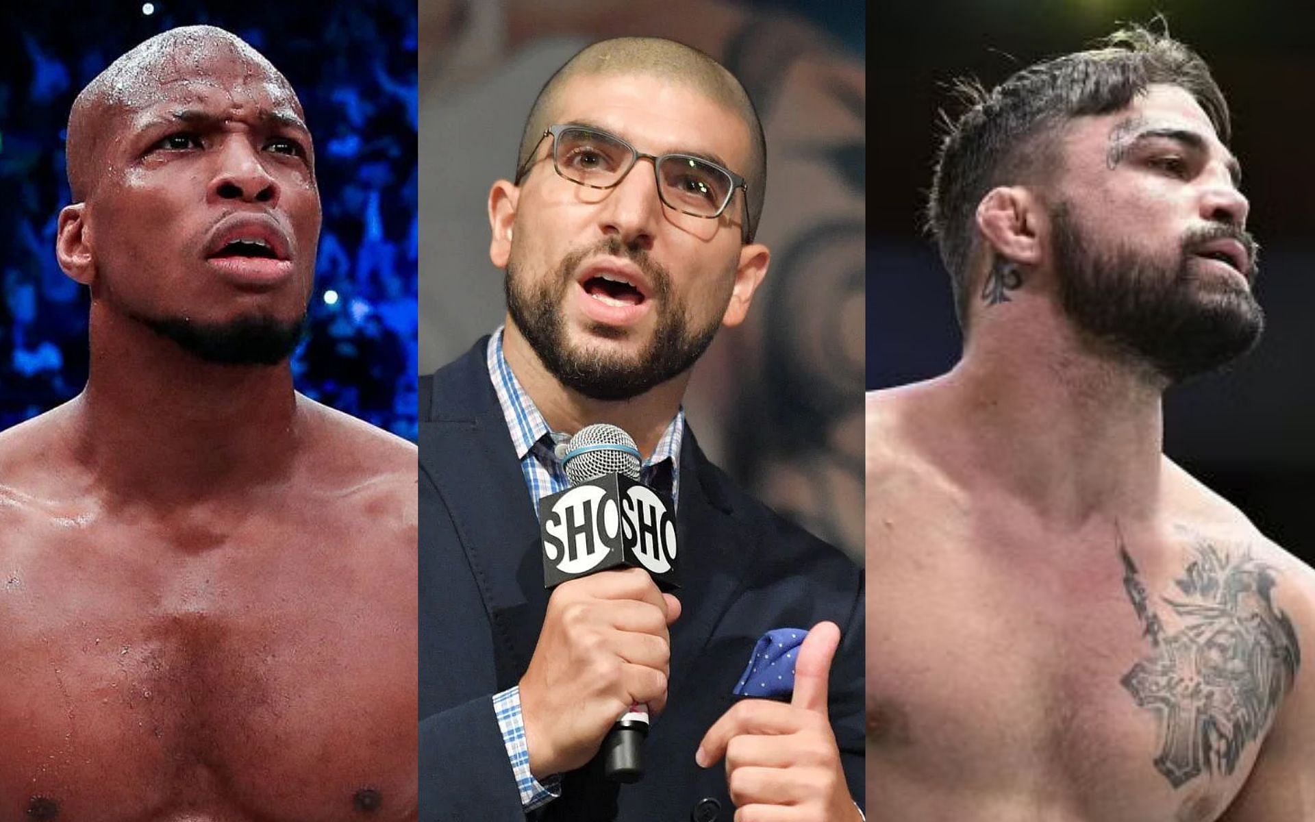 Michael &#039;Venom&#039; Page (left), Ariel Helwani (center), and Mike Perry (right) [Images courtesy Getty and @platinummikeperry on Instagram]