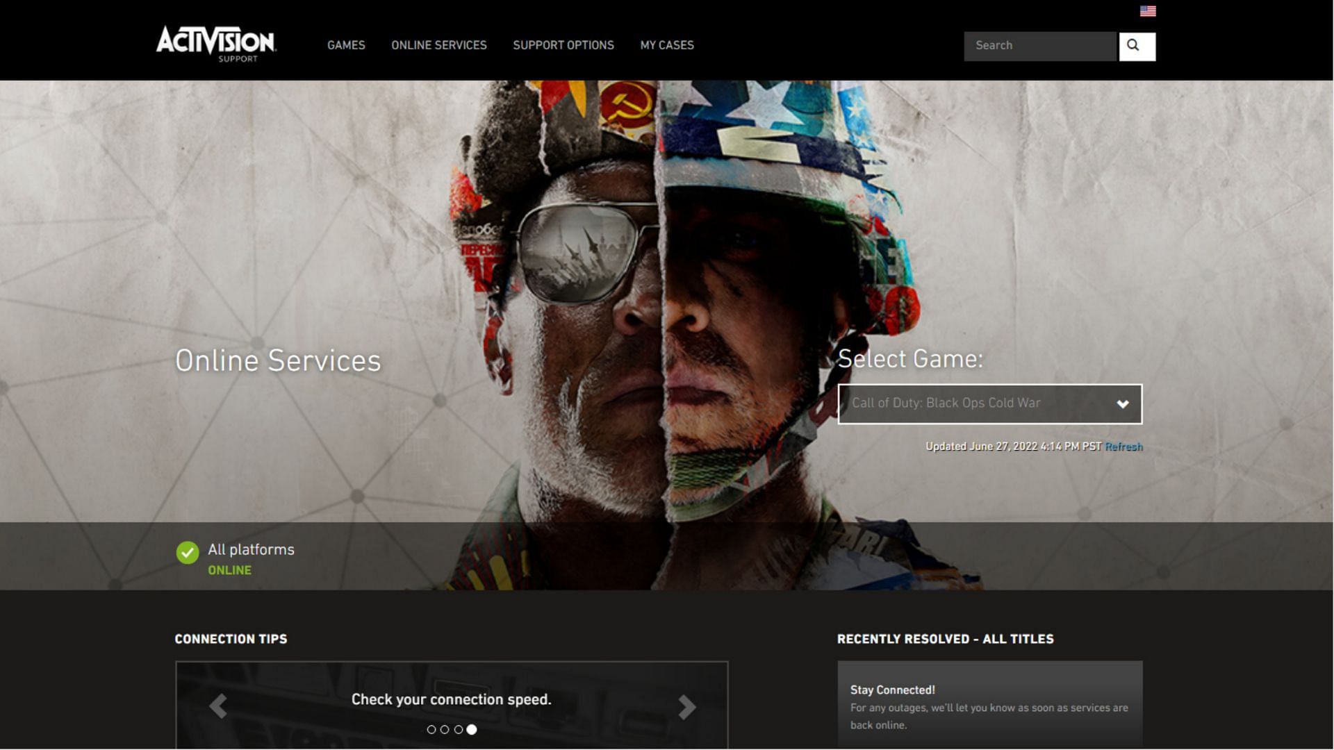 The Online Services support page for Black Ops Cold War (Image via Activision)