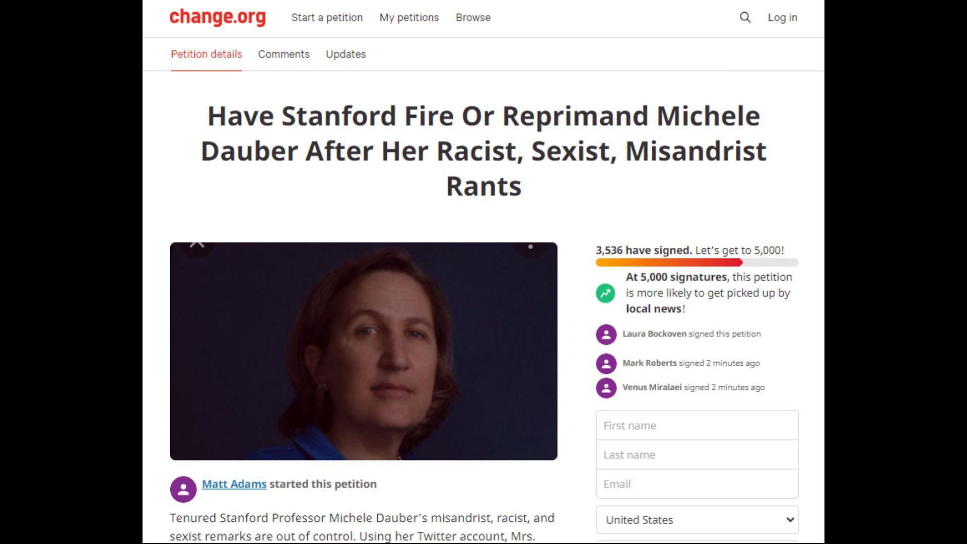 Screenshot of Change.org petition to remove Michele Dauber from Stanford University.