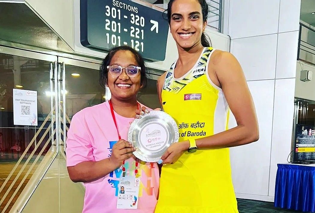 Physiotherapist Evangeline Baddam (L) with PV Sindhu after the Singapore Open triumph on Sunday. (Picture credit:Evangeline Baddam)