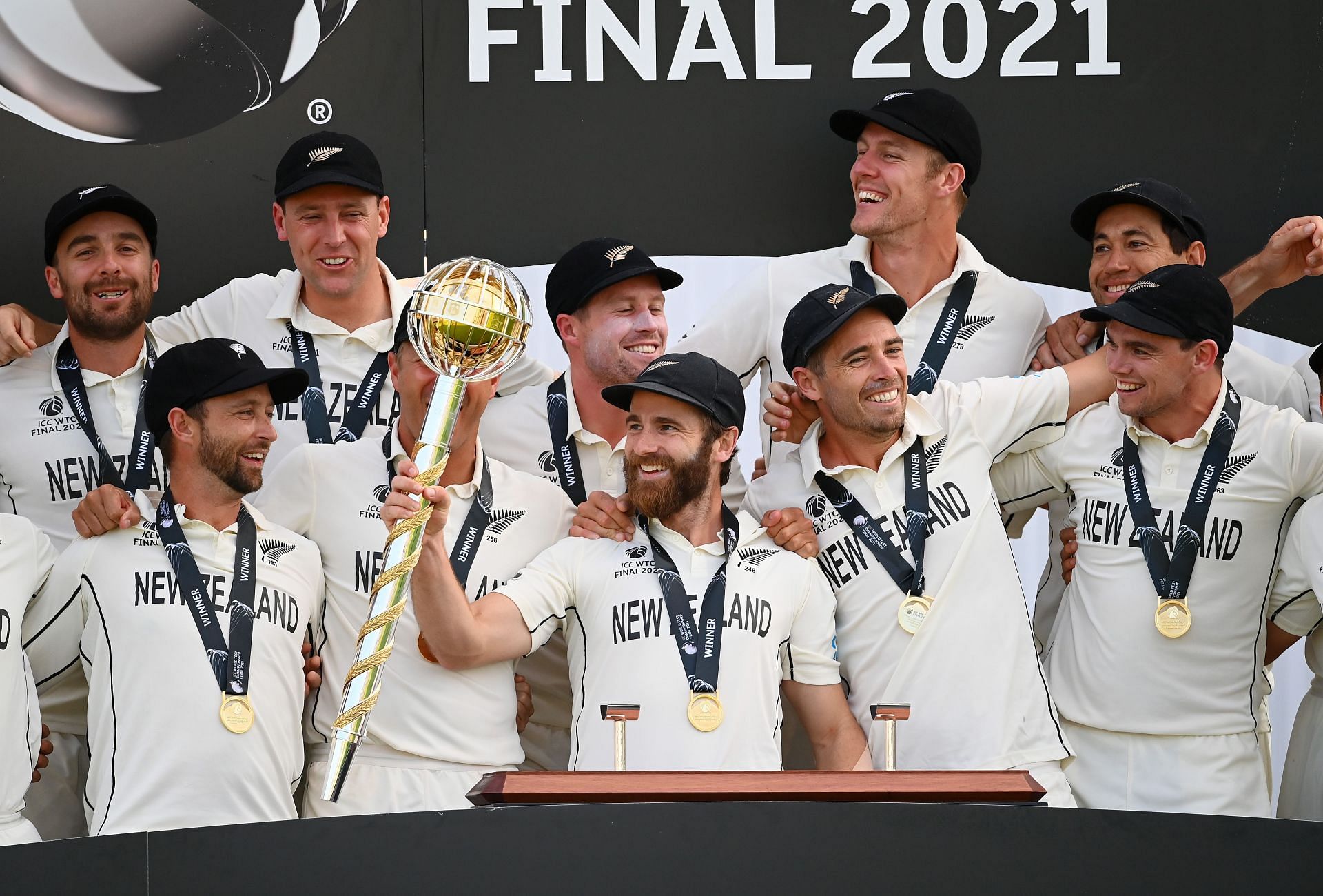 Kane Williamson celebrates with the WTC mace. (Credits: Getty)