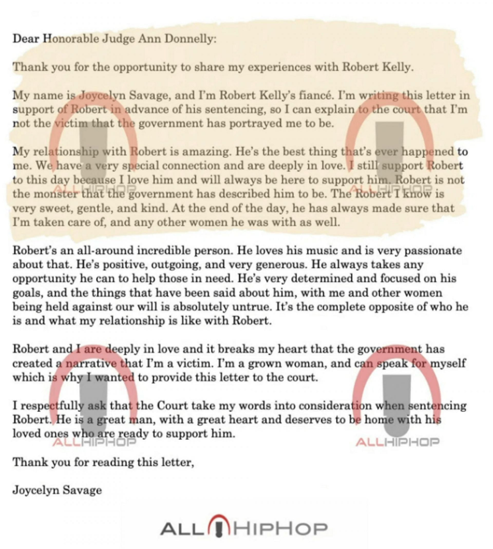 Carta de Joycelyn Savage a la jueza Ann Donnelly (Imagen a través de AllHipHop)