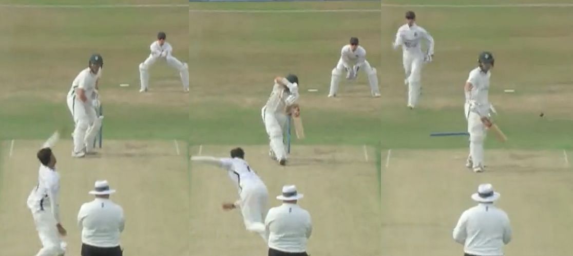 Screengrabs from Umesh Yadav&rsquo;s maiden county wicket. Pic: Middlesex/ Twitter
