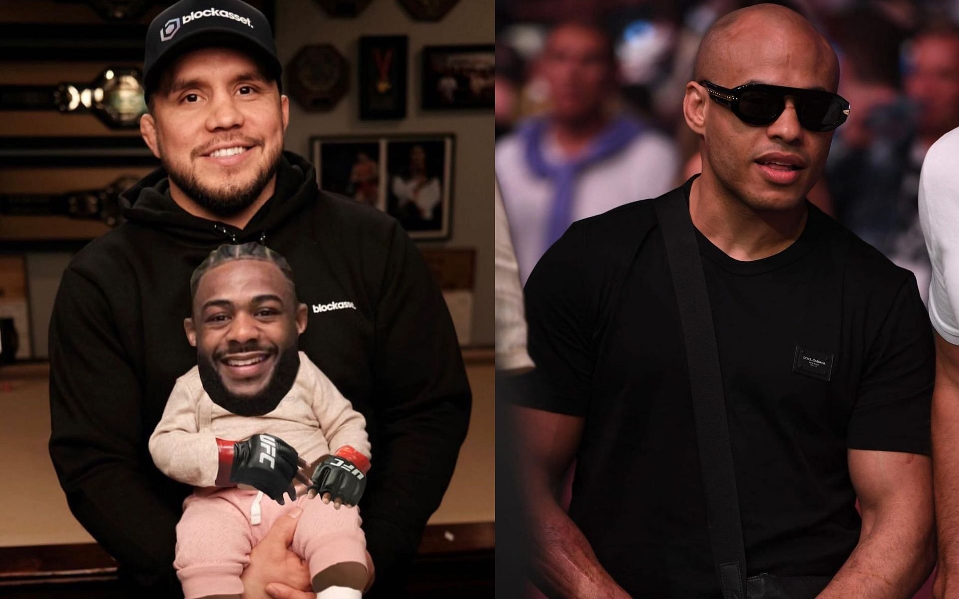 Henry Cejudo holding a baby edited to include Aljamain Sterling&#039;s face (L) and Ali Abdelaziz (R) [ Credit: Instagram @Henry_Cejudo @aliabdelaziz ]