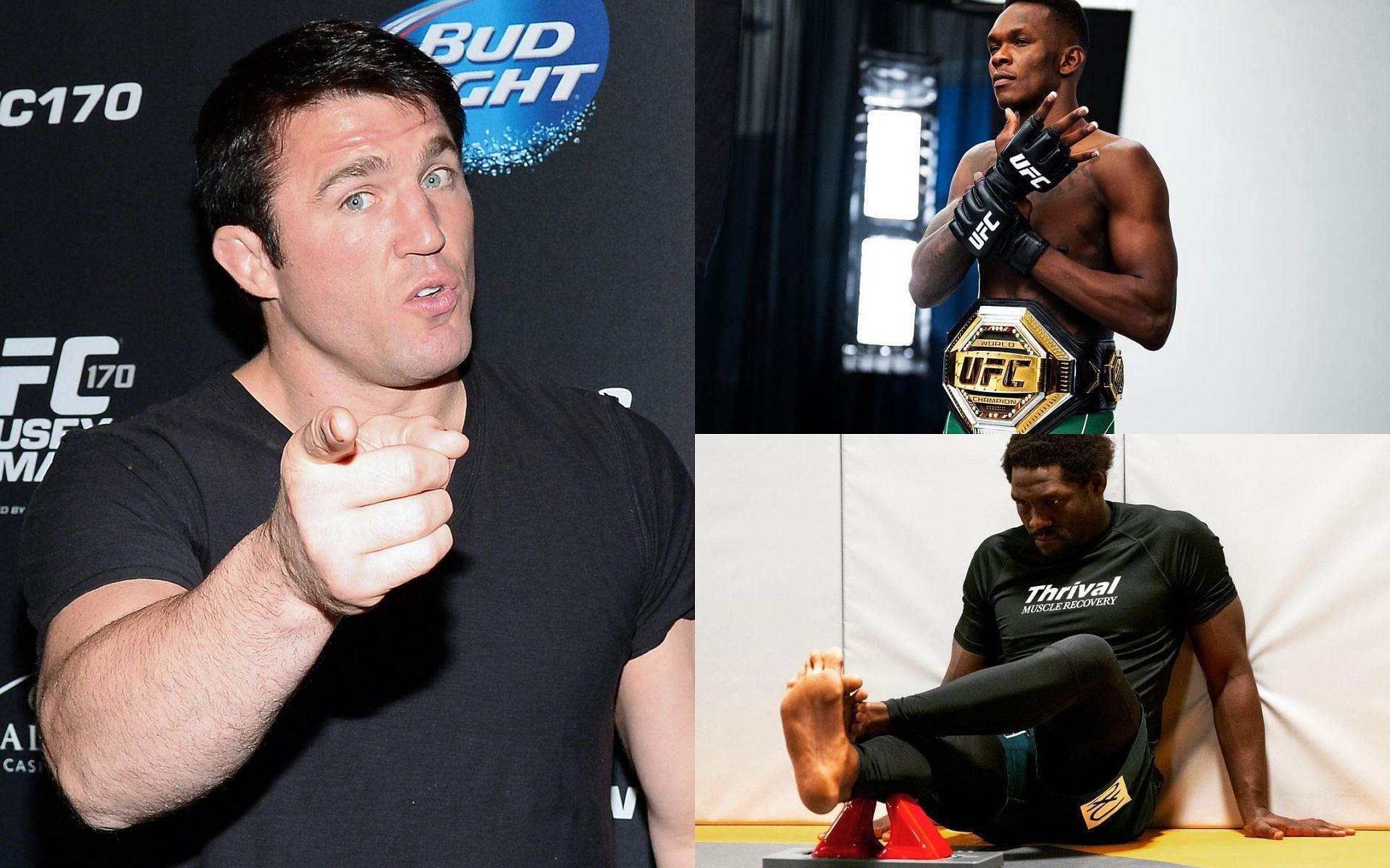 Chael Sonnen (left), Israel Adesanya (top right), and Jared Cannonier (bottom right) [Images courtesy of Getty, @stylebender Instagram, and @killagorillamma Instagram]