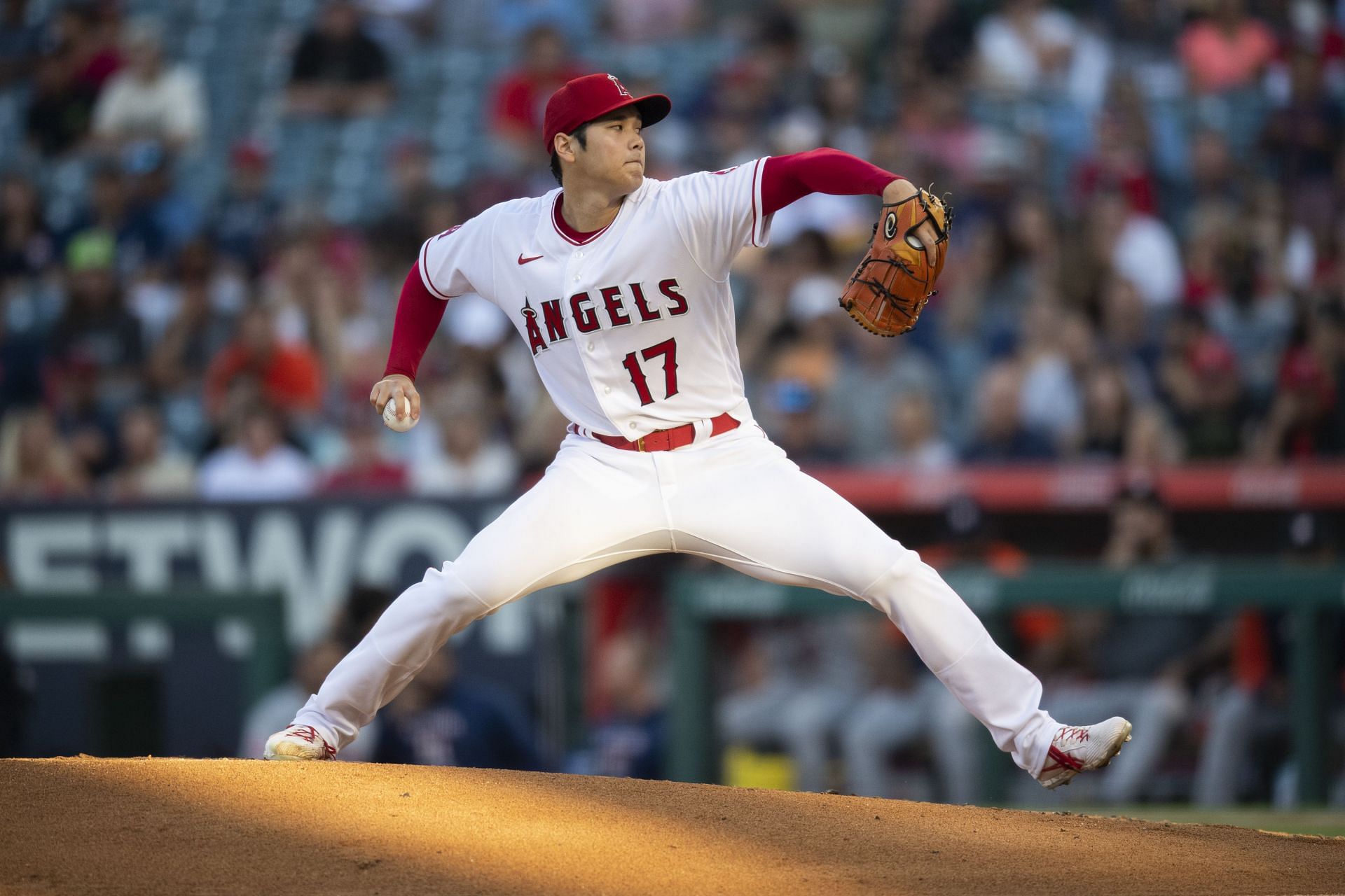Shohei Ohtani pitches during a Houston Astros v Los Angeles Angels game