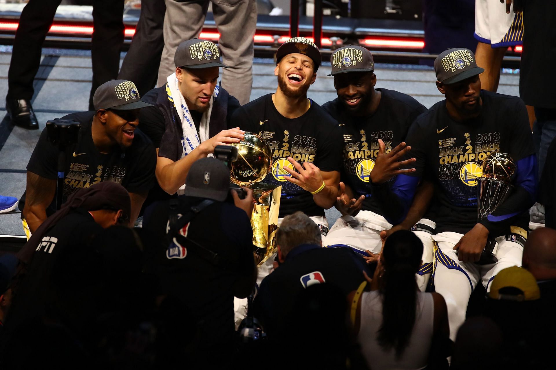 Andre Iguodala, Klay Thompson, Steph Curry, Draymond Green and Kevin Durant of the Golden State Warriors after winning the 2018 NBA Finals