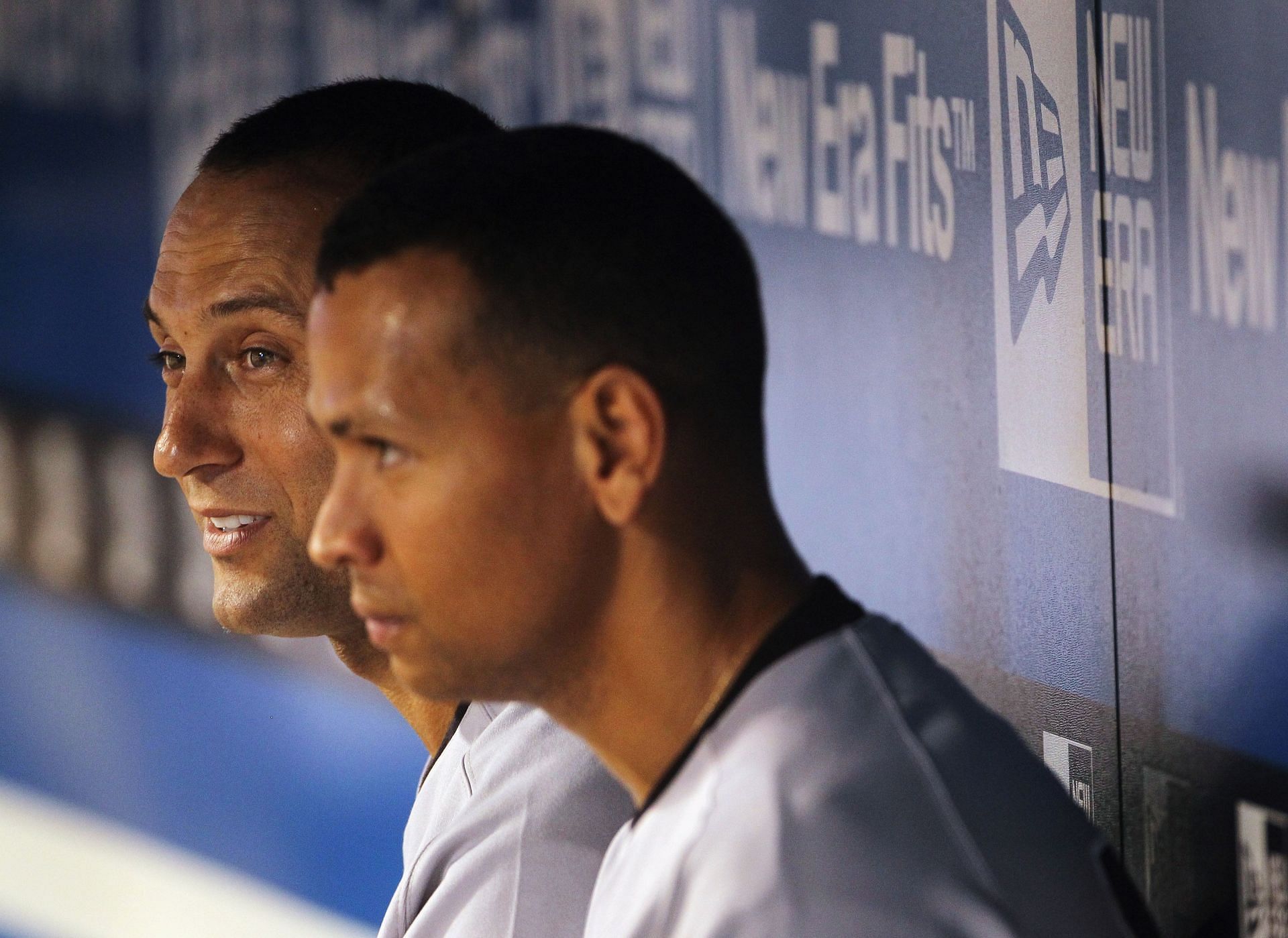 Jeter and Rodriguez look on from the dugout, New York Yankees v Kansas City Royals.