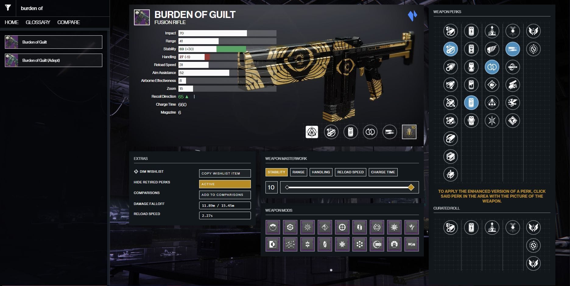 Burden of Guilt god roll guide for Destiny 2 PvP and PvE